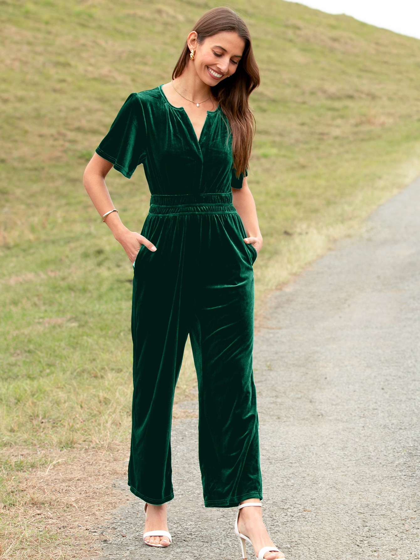 Velvet Short Sleeve V Neck Wide Leg Jumpsuit