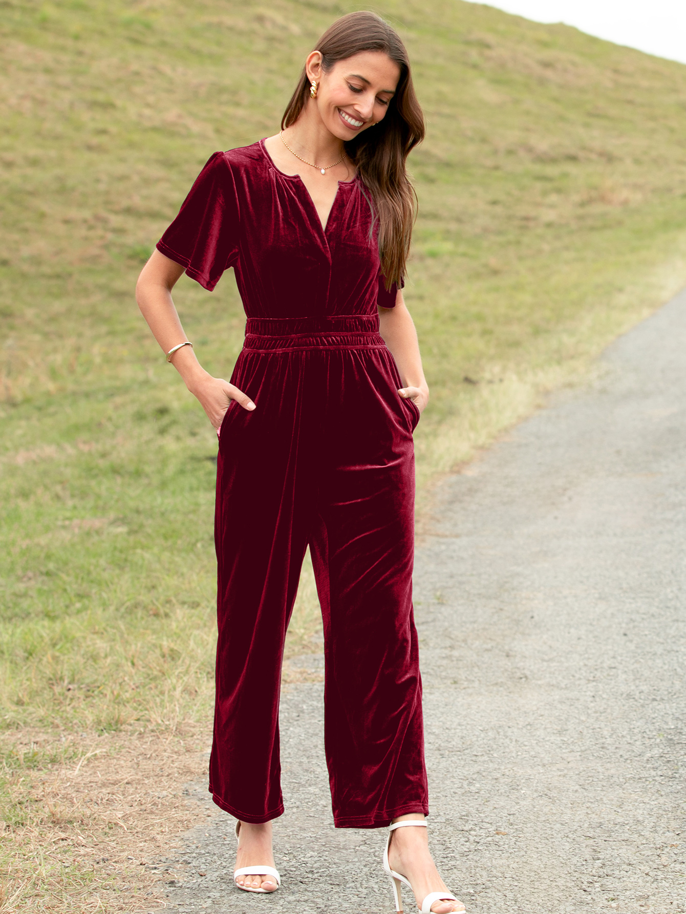 Velvet Short Sleeve V Neck Wide Leg Jumpsuit