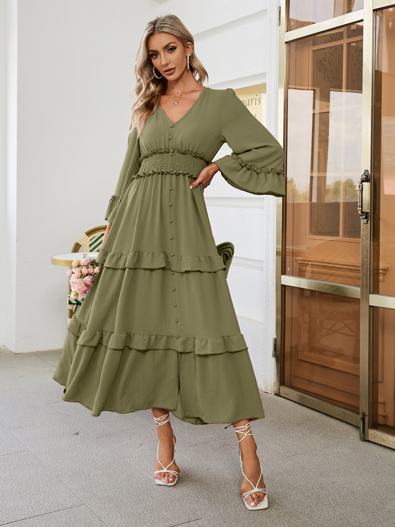Long Sleeve Tiered Ruffle Smocked Flare Maxi Dress