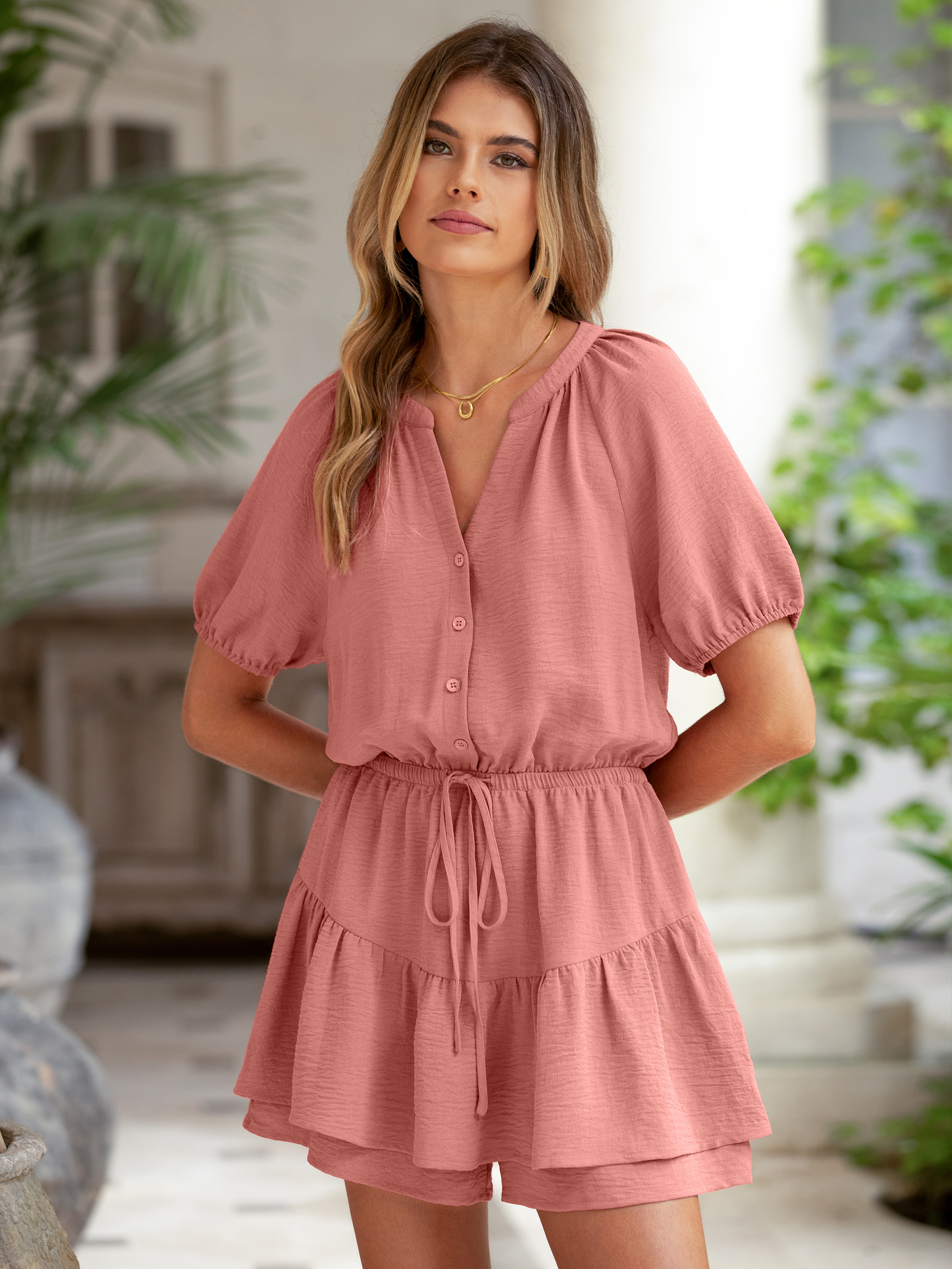 Ruffle V Neck Short Sleeve Tie Waist Romper