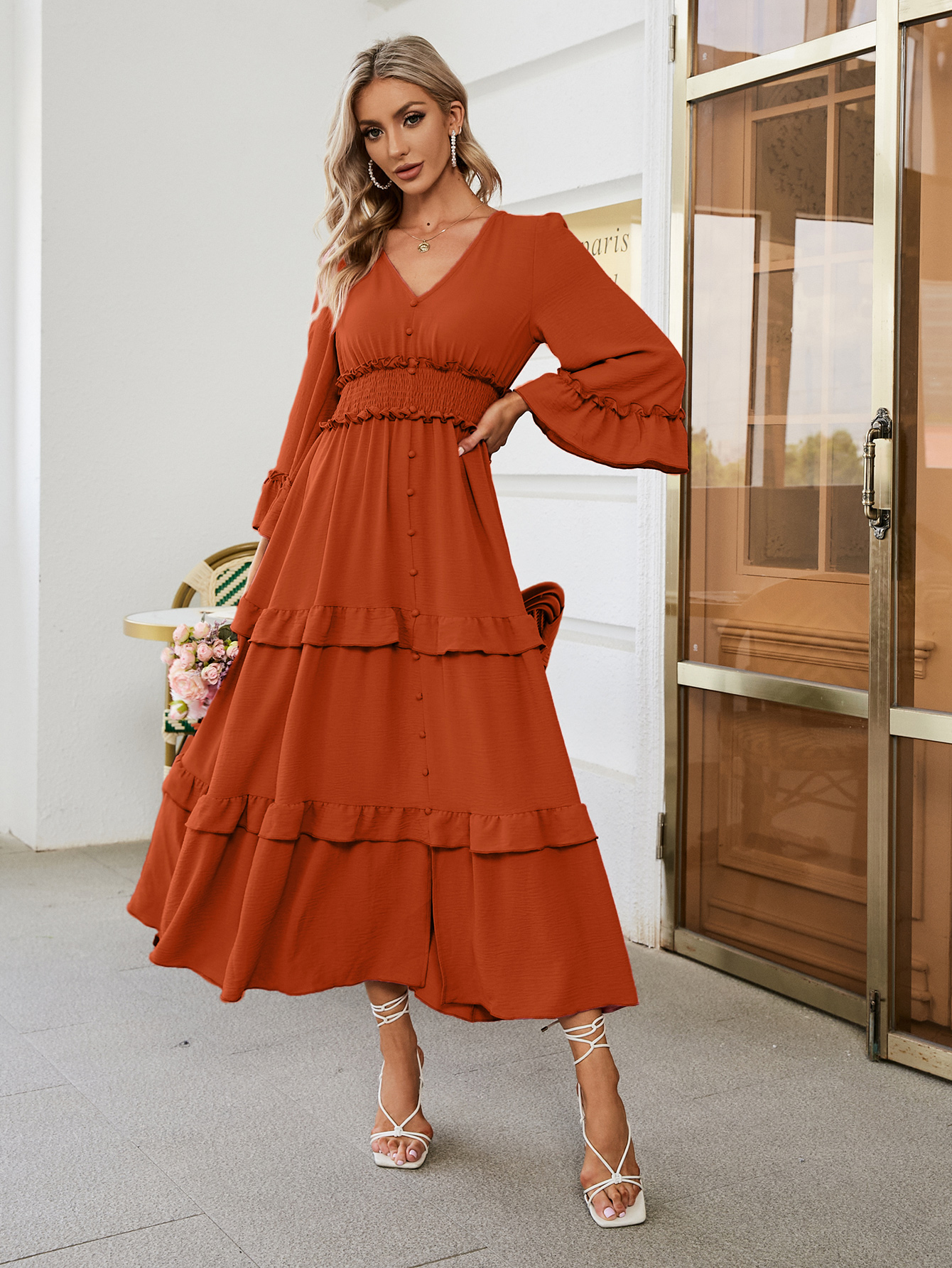 Long Sleeve Tiered Ruffle Smocked Flare Maxi Dress