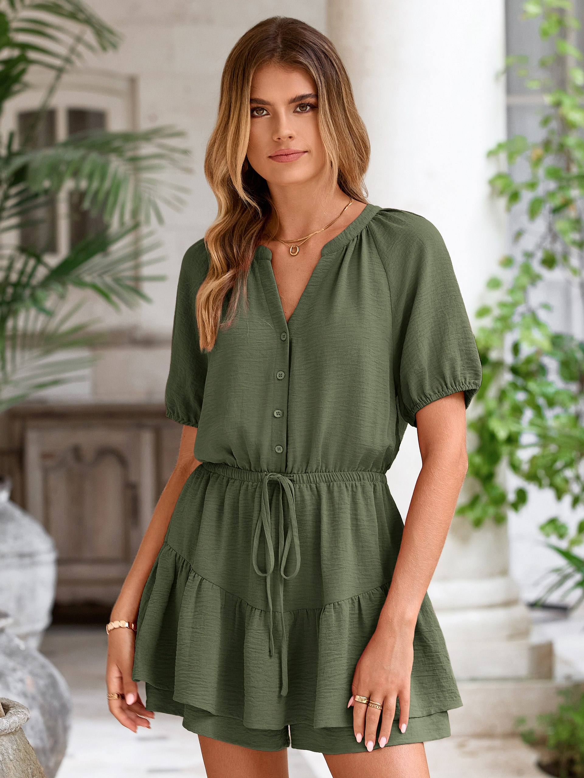 Ruffle V Neck Short Sleeve Tie Waist Romper - Dark Army Green