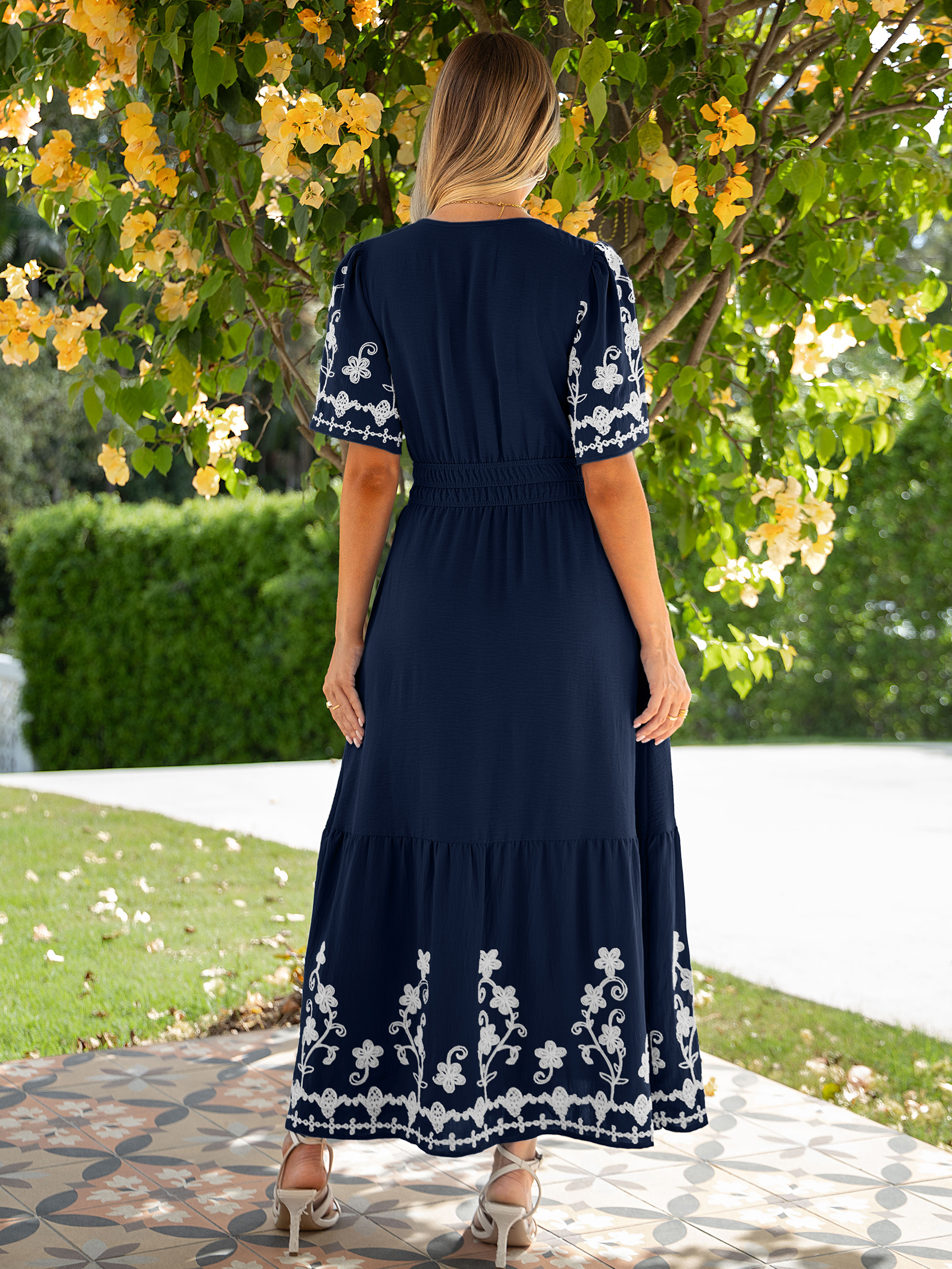 Floral Embroidery V-Neck A-Line Maxi Dress