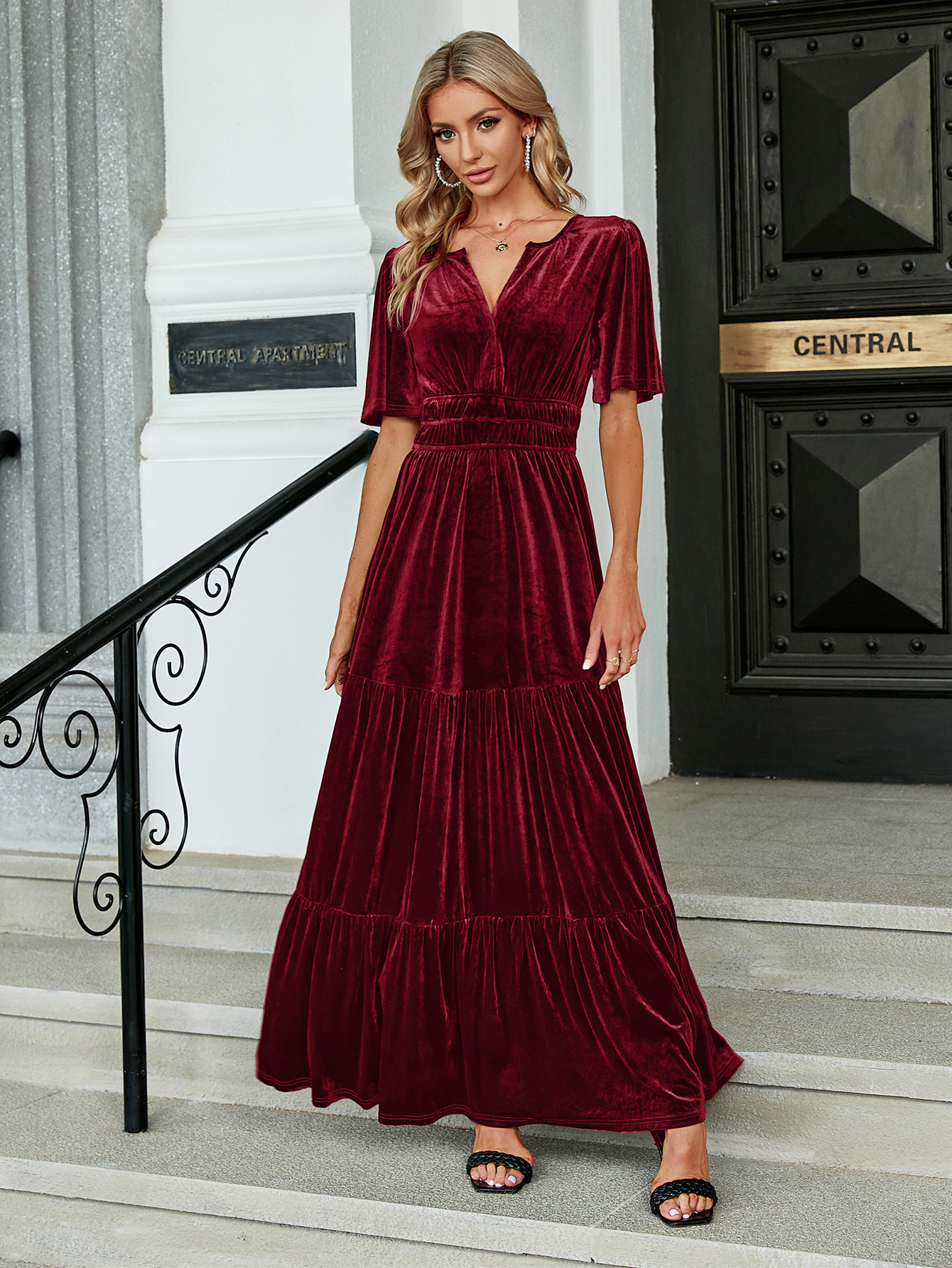 Velvet V-Neck Ruffle Tiered Wedding Guest Maxi Dress