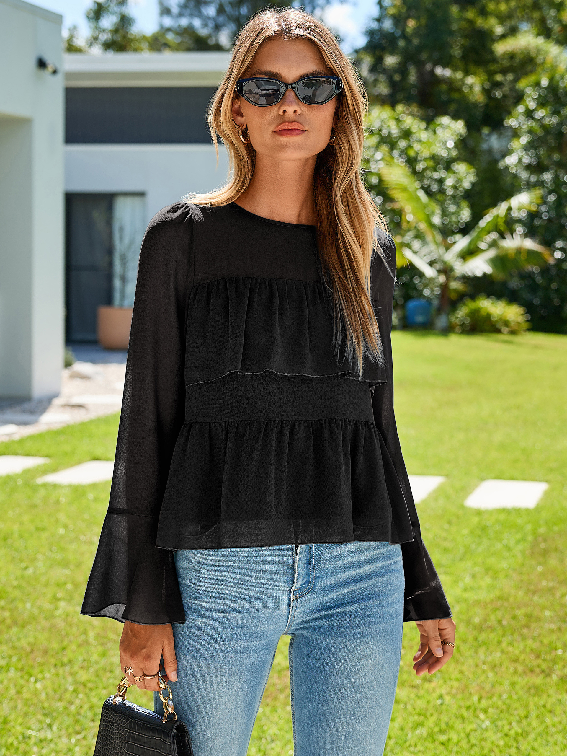 Round Neck Ruffle Peplum Chiffon Blouse