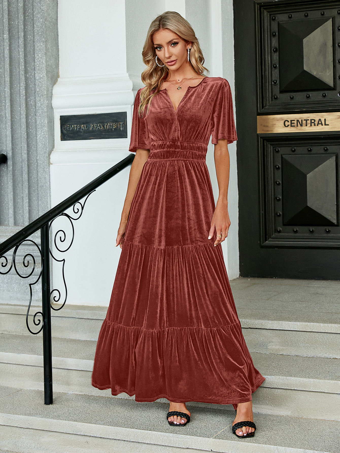 Velvet V-Neck Ruffle Tiered Wedding Guest Maxi Dress