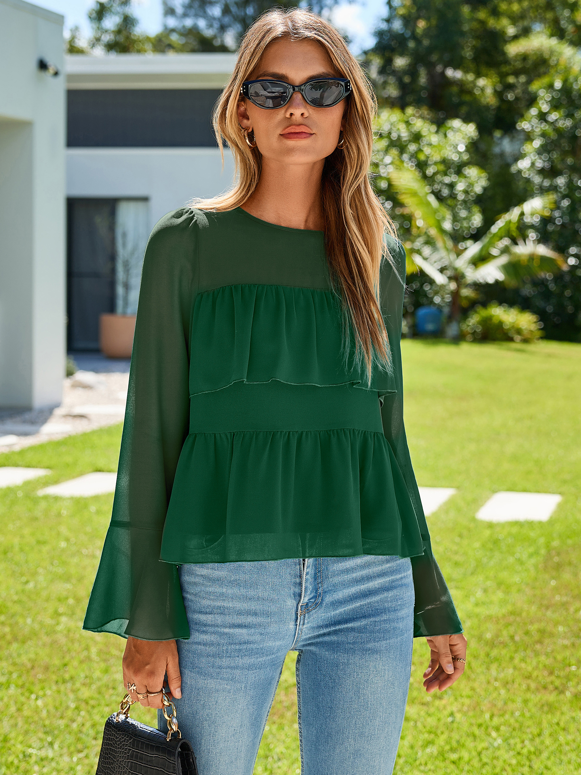 Round Neck Ruffle Peplum Chiffon Blouse
