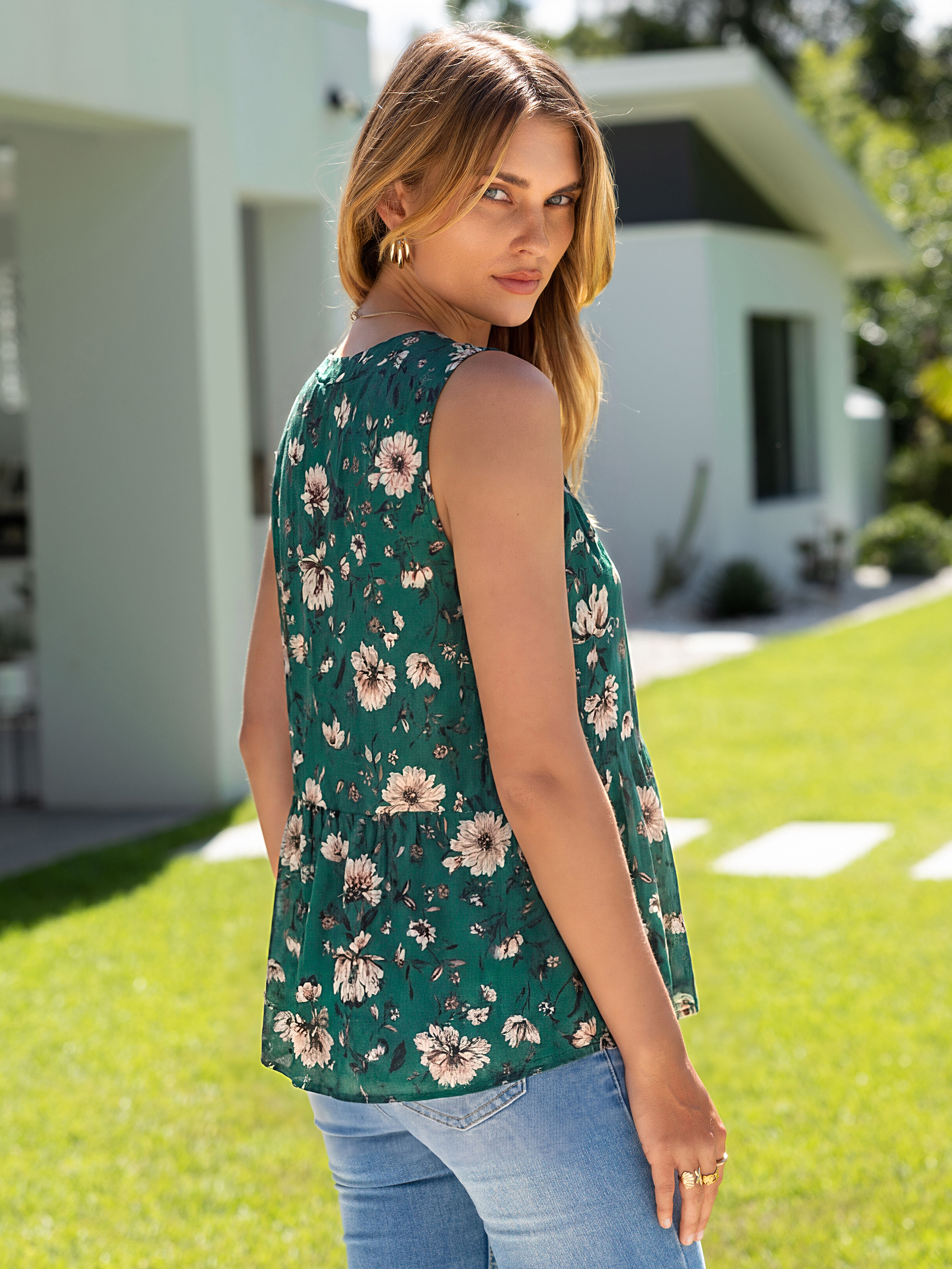 Floral V Neck Sleeveless Babydoll Chiffon Top