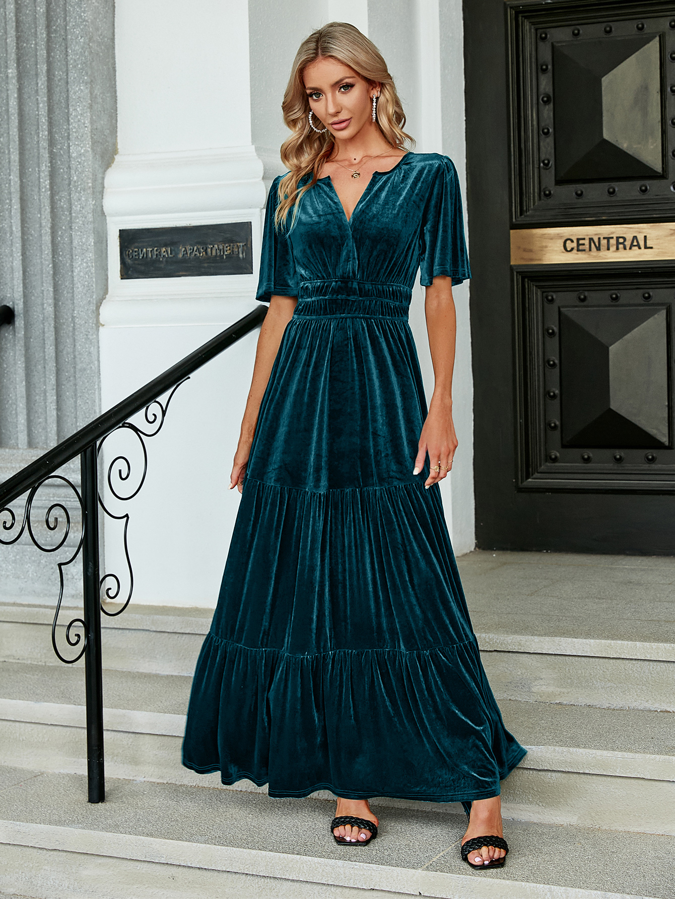 Velvet V-Neck Ruffle Tiered Wedding Guest Maxi Dress
