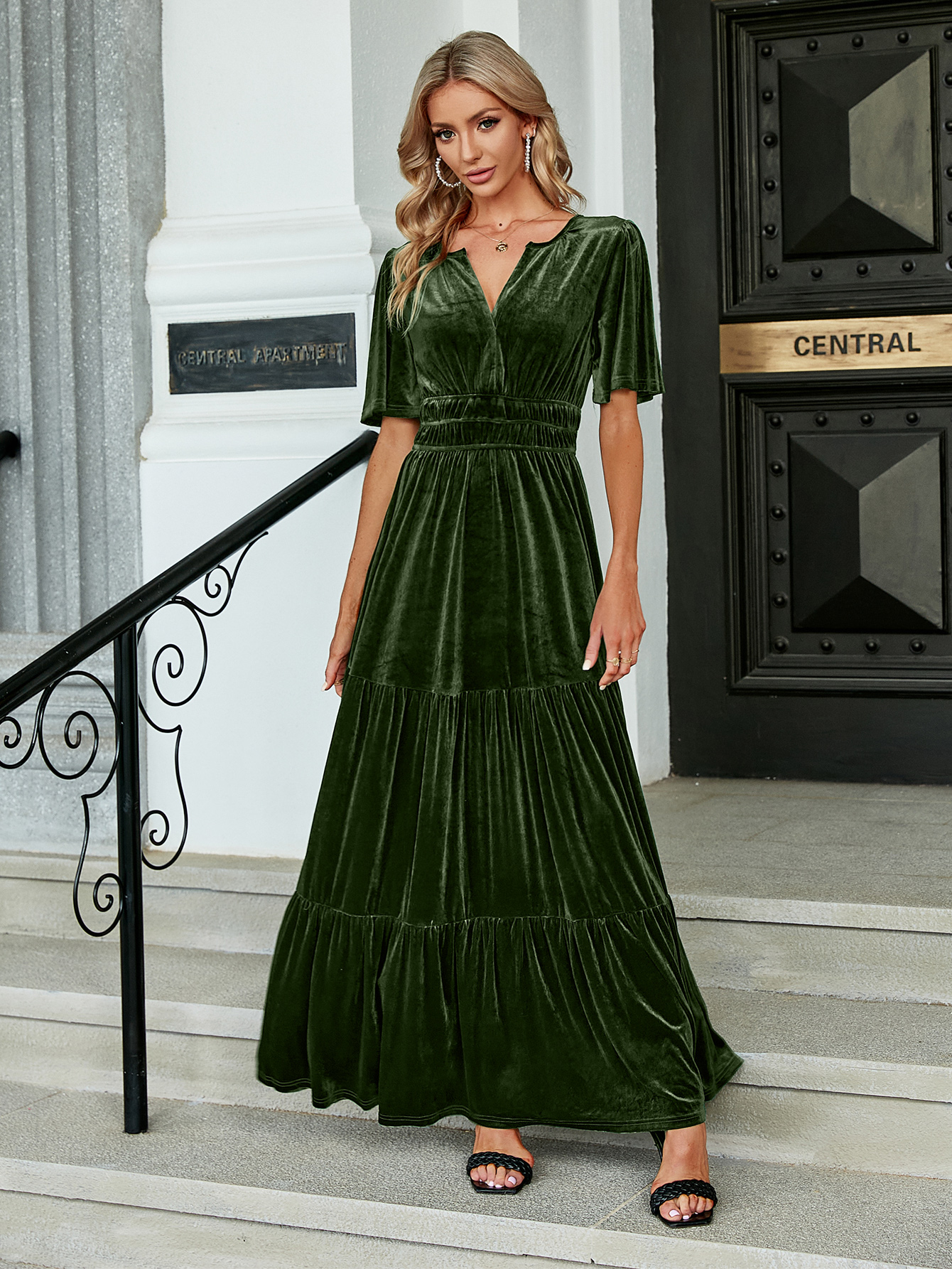 Velvet V-Neck Ruffle Tiered Wedding Guest Maxi Dress