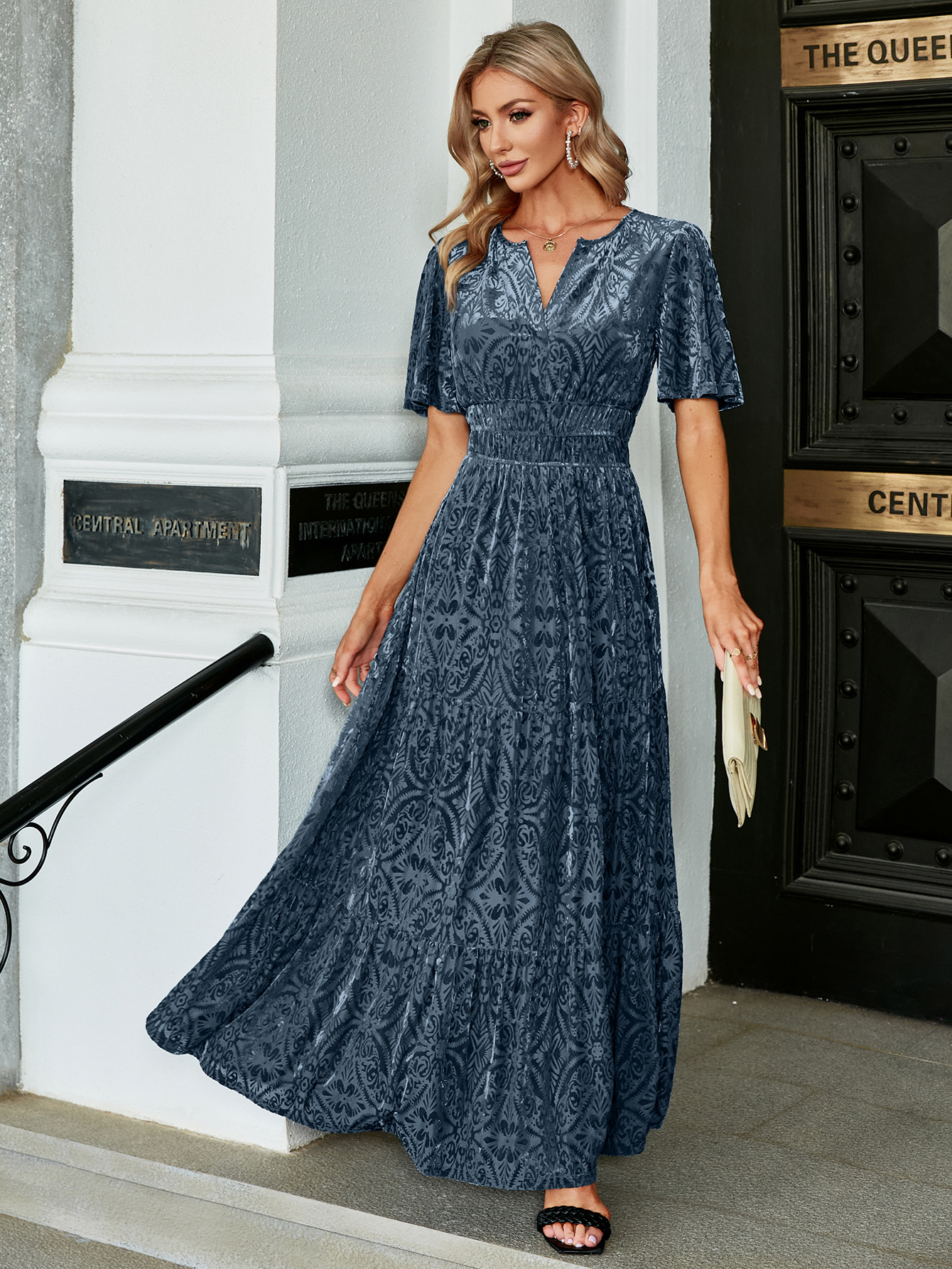 Velvet Print V-Neck Empire Tiered Ruffle Maxi Dress