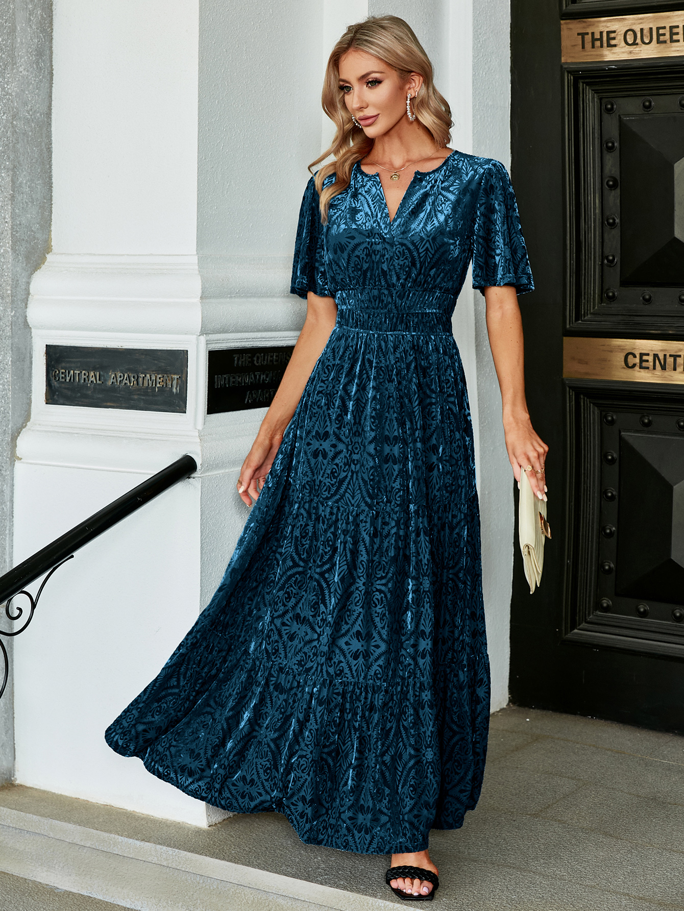 Velvet Print V-Neck Empire Tiered Ruffle Maxi Dress