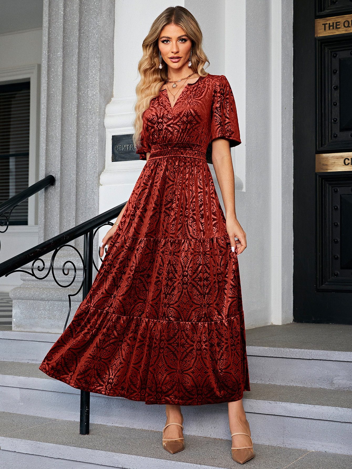 Velvet Print V-Neck Empire Tiered Ruffle Maxi Dress