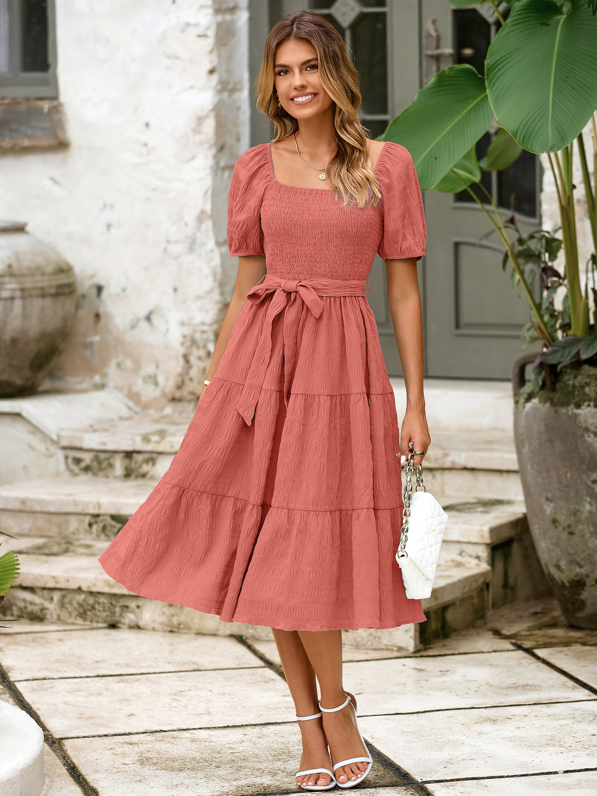 Puff Sleeve Square Neck Boho Maxi Dress - Rose Red