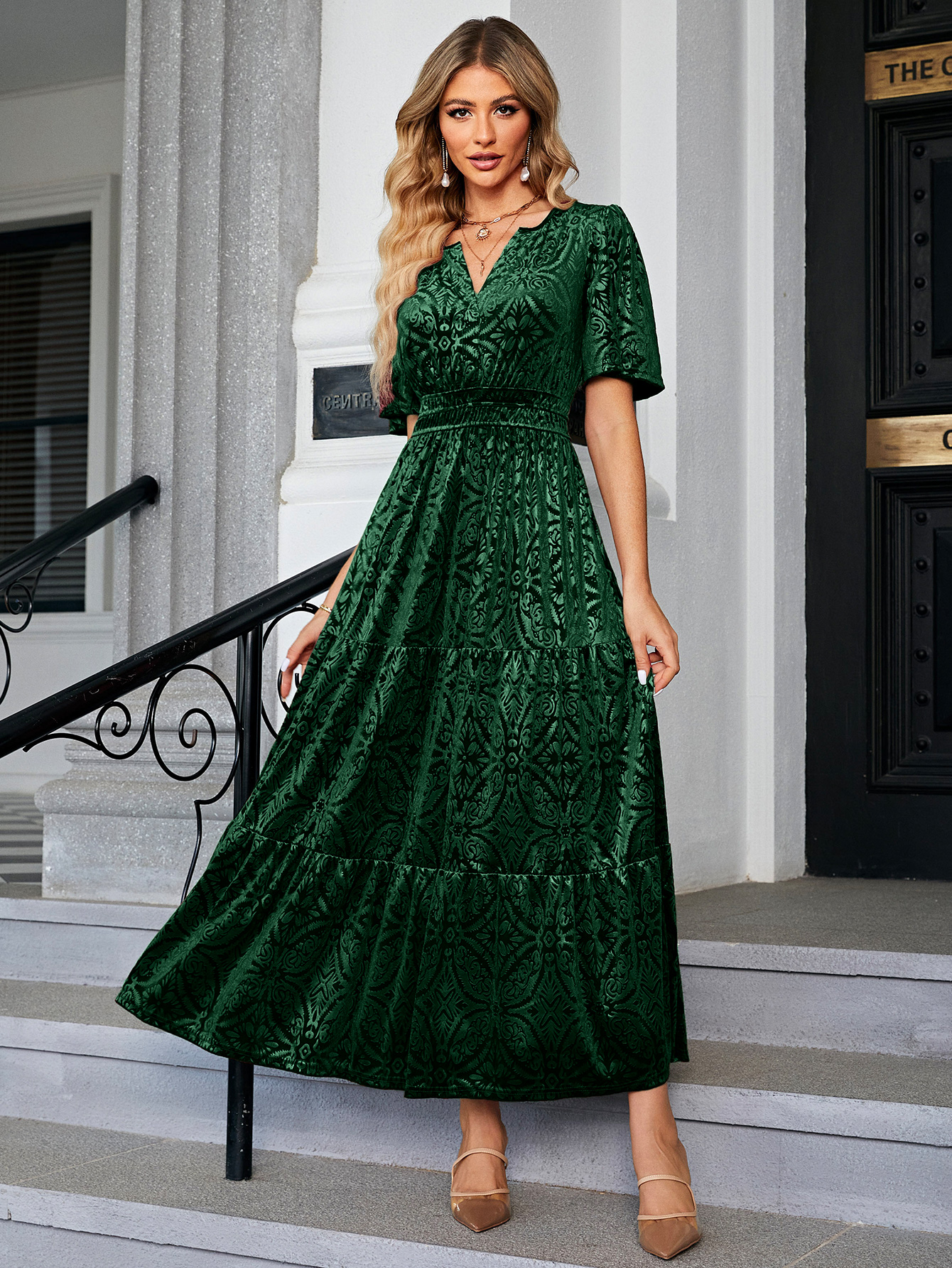 Velvet Print V-Neck Empire Tiered Ruffle Maxi Dress