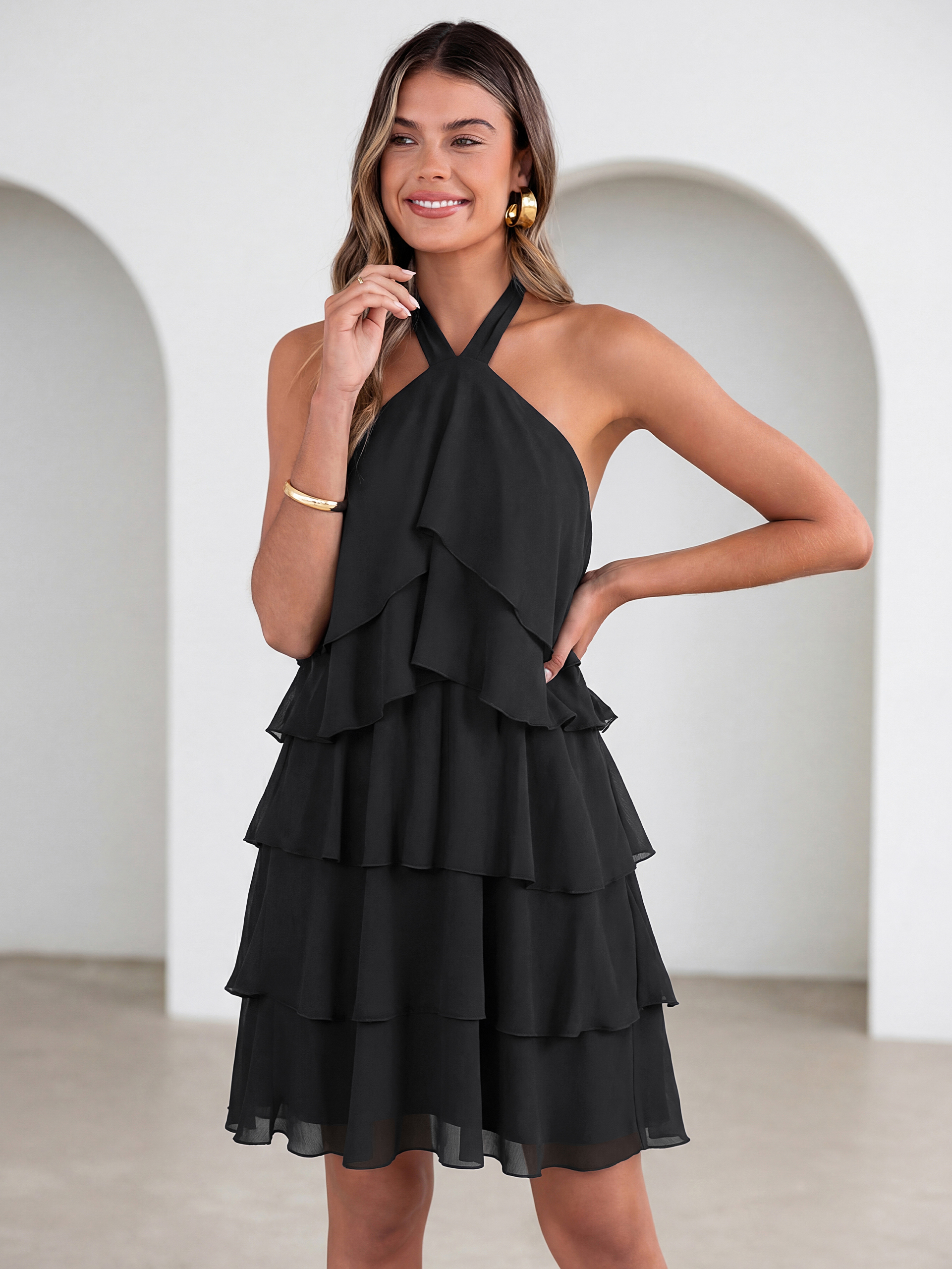 Solid Halter Neck Tiered Ruffle Mini Dress