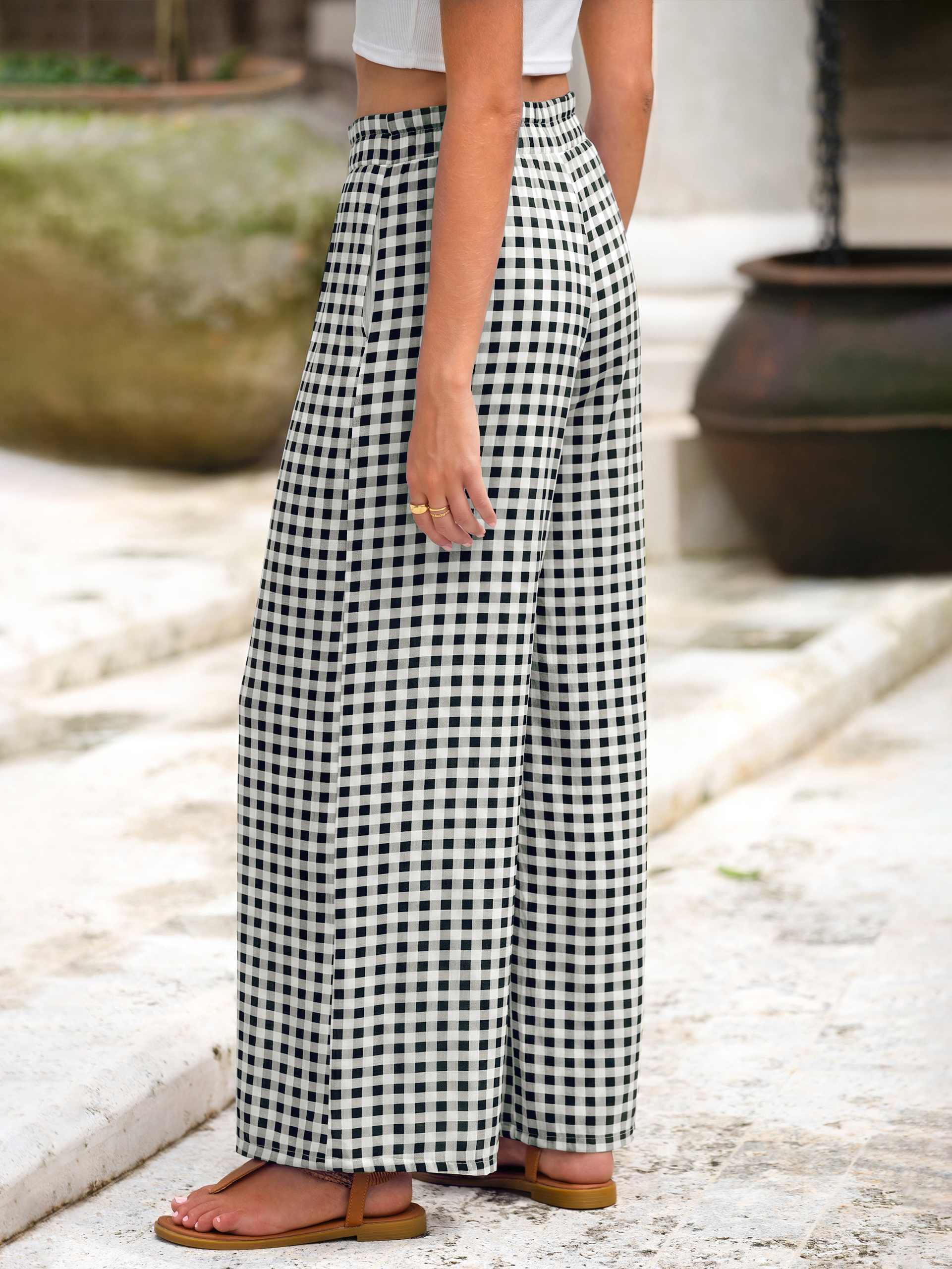 High Waisted Plaid Wide Leg Pants with Pockets