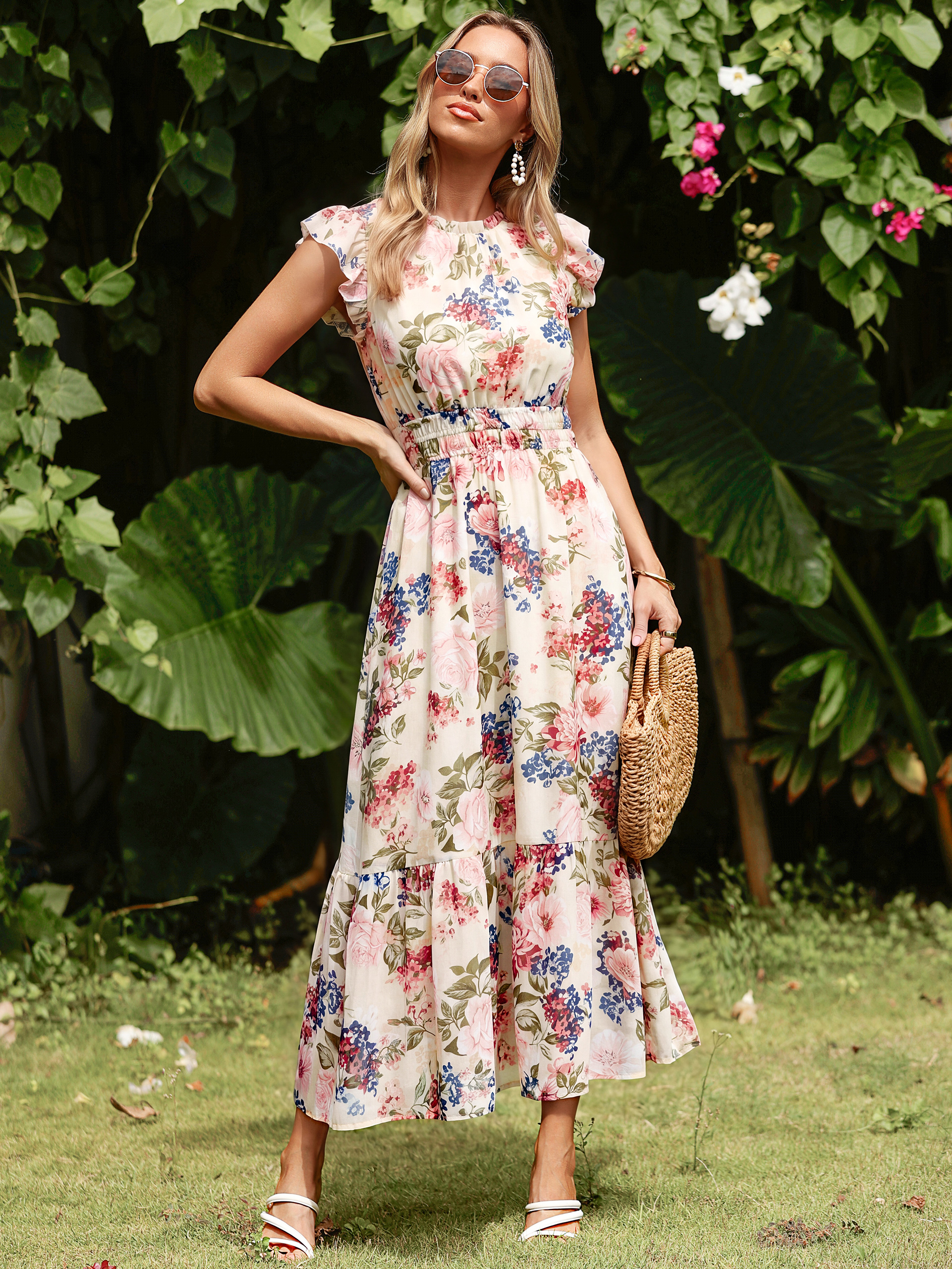 Floral Chiffon Ruffle Neck Flutter Sleeve Maxi Dress