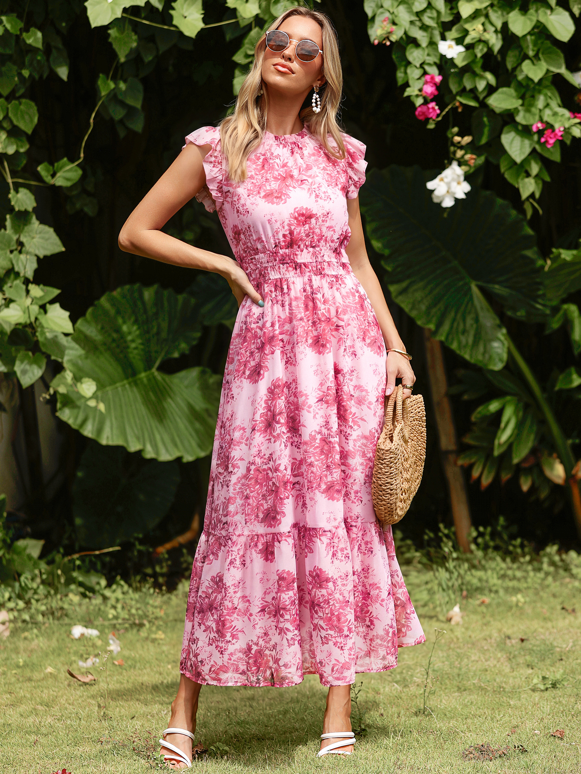 Floral Chiffon Ruffle Neck Flutter Sleeve Maxi Dress