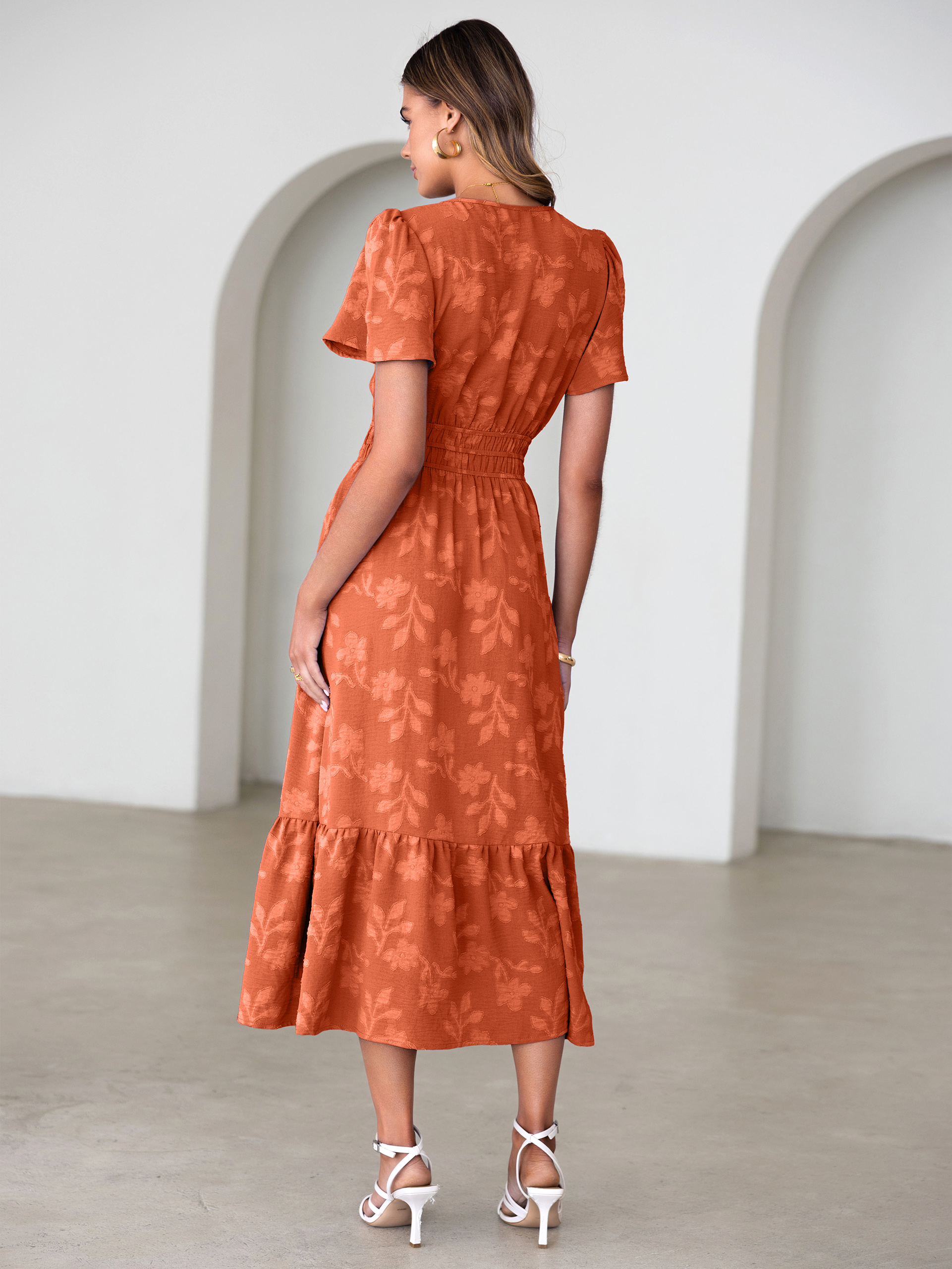 V Neck Burnout Floral Ruffle Maxi Dress