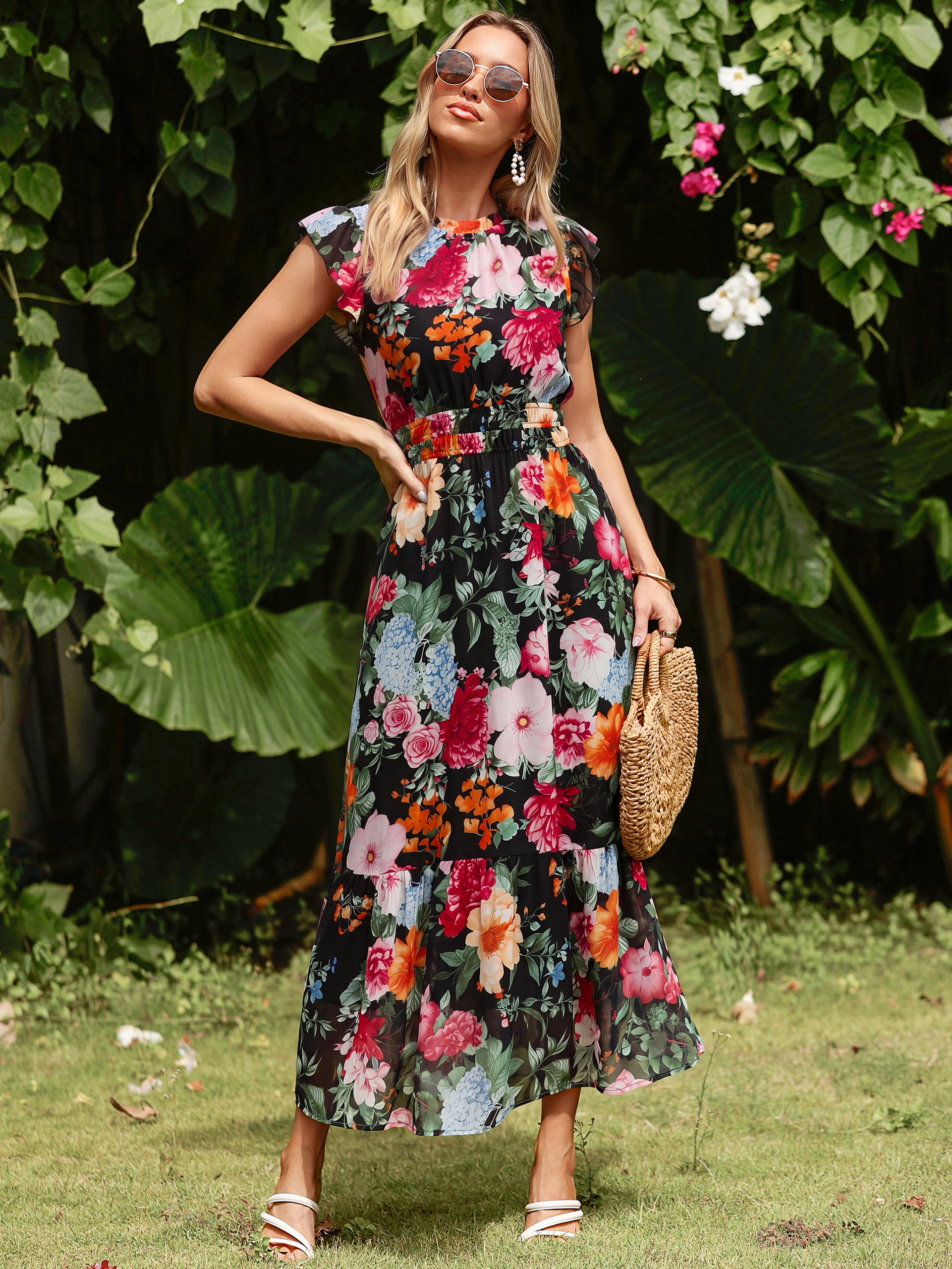 Floral Chiffon Ruffle Neck Flutter Sleeve Maxi Dress