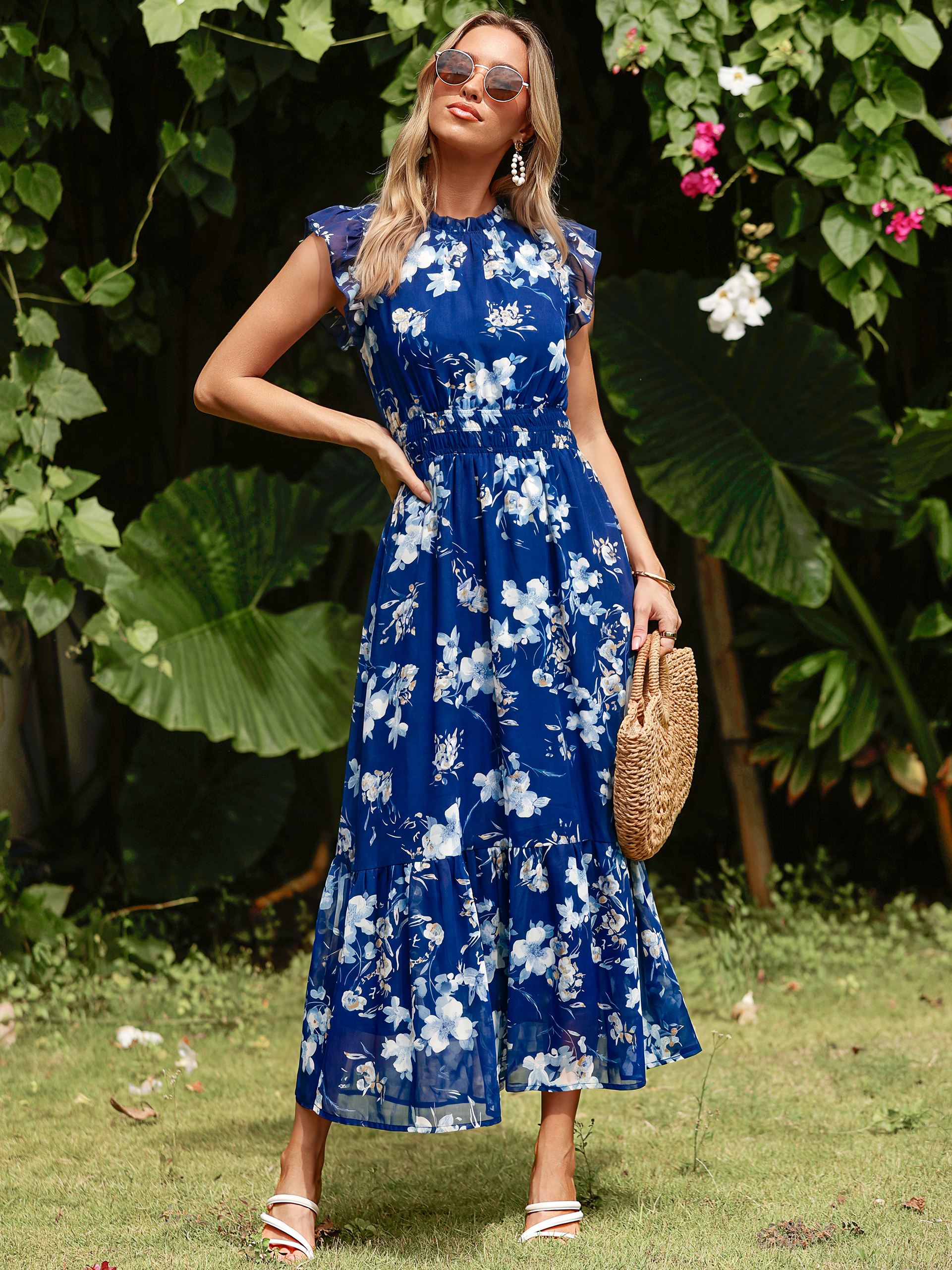 Floral Chiffon Ruffle Neck Flutter Sleeve Maxi Dress