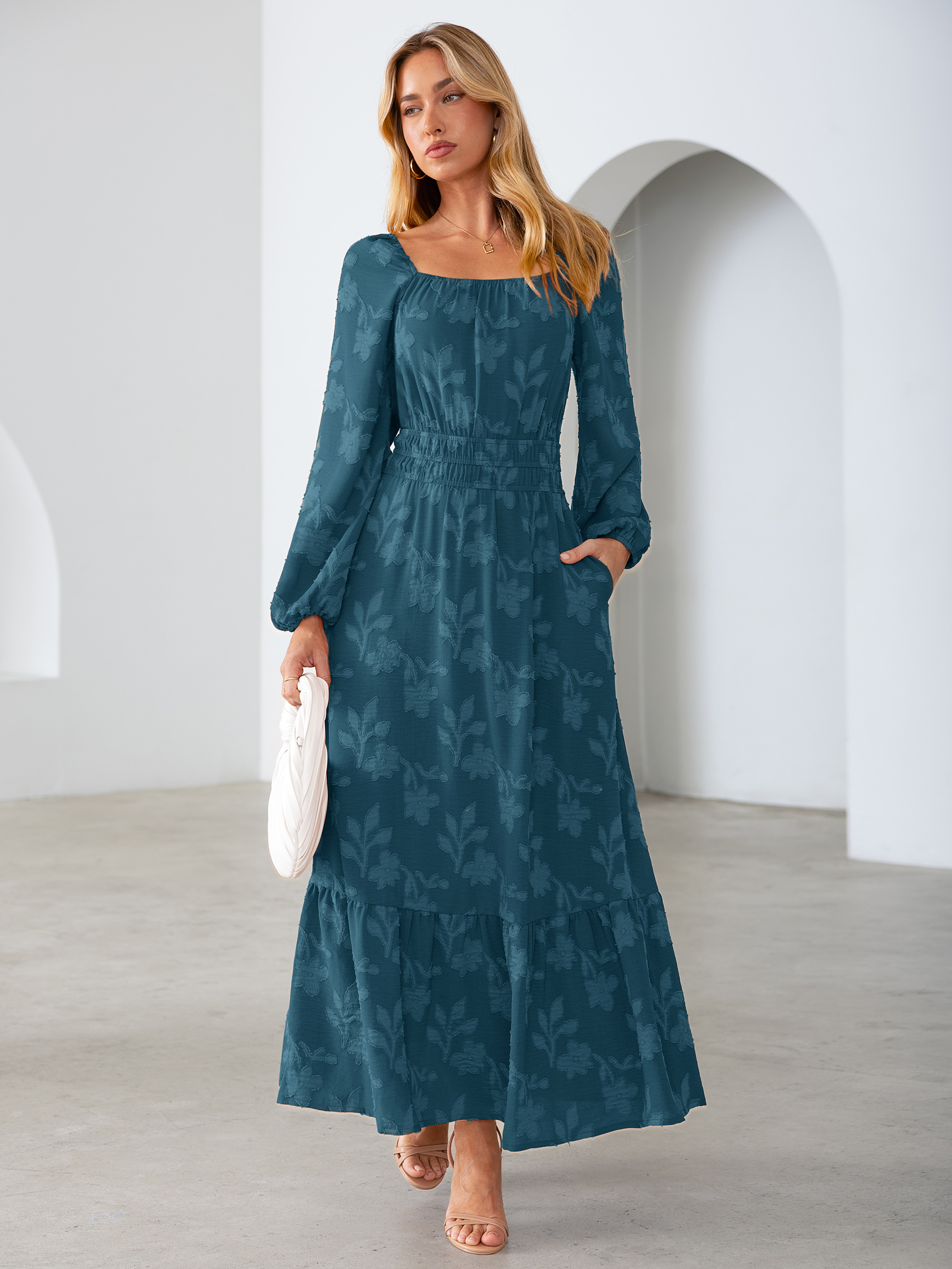 Jacquard Floral Square Neck Wedding Guest Maxi Dress