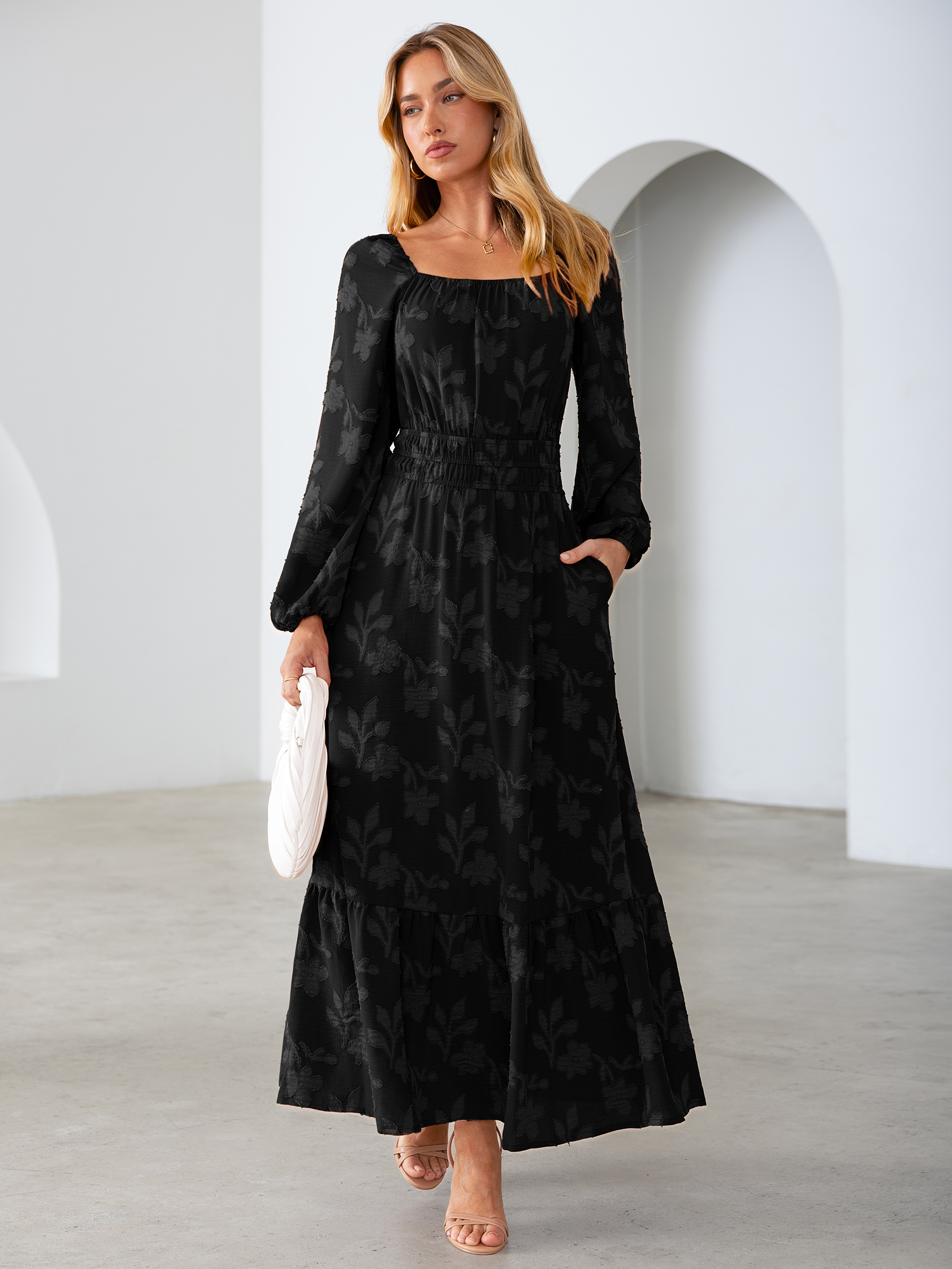 Jacquard Floral Square Neck Wedding Guest Maxi Dress