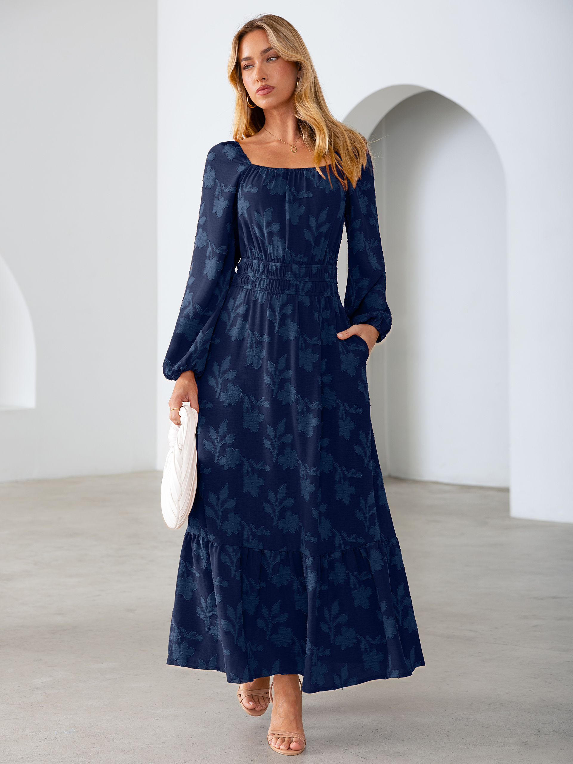 Jacquard Floral Square Neck Wedding Guest Maxi Dress