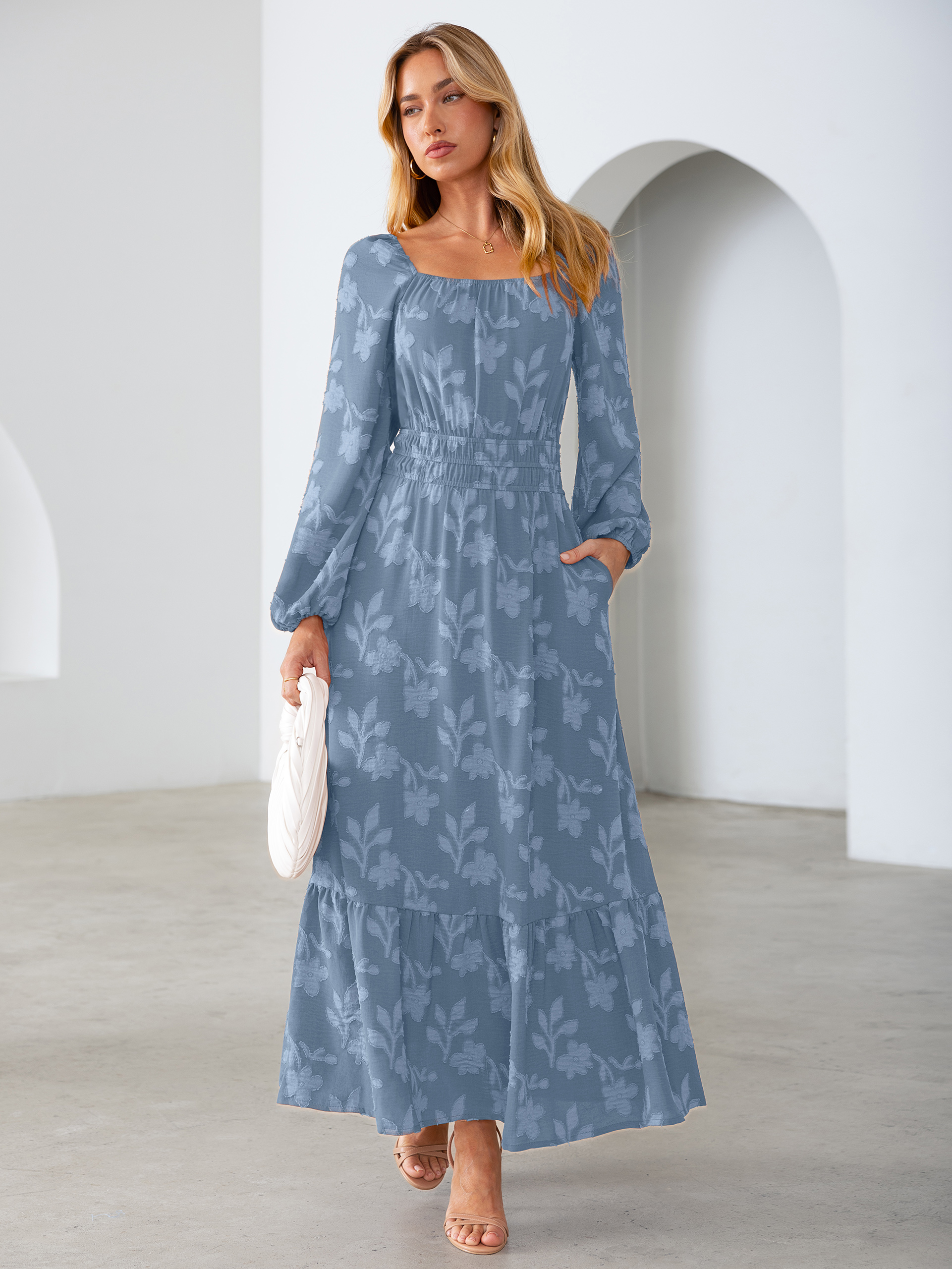 Jacquard Floral Square Neck Wedding Guest Maxi Dress