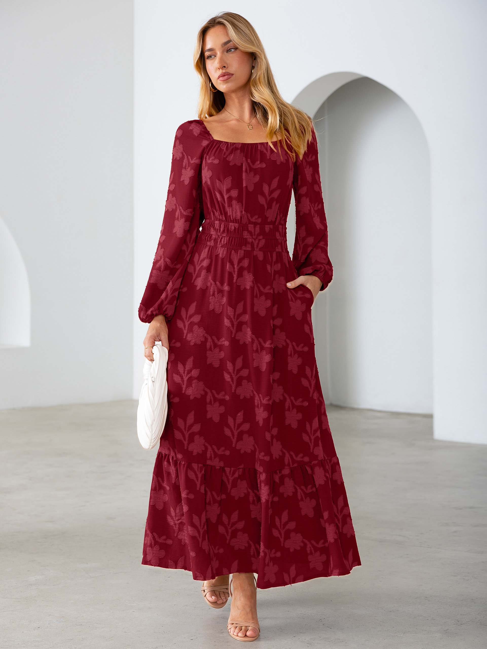 Jacquard Floral Square Neck Wedding Guest Maxi Dress