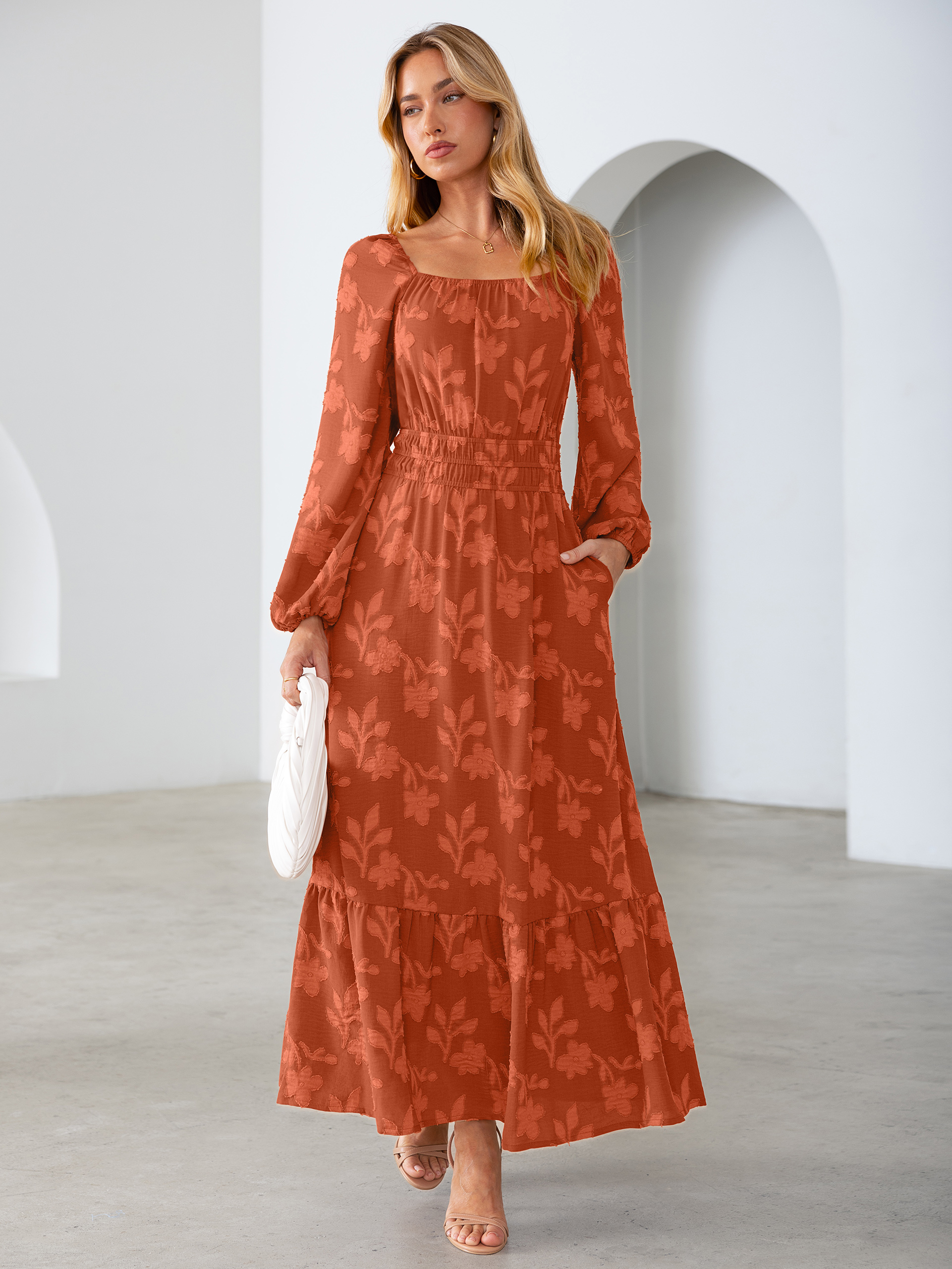 Jacquard Floral Square Neck Wedding Guest Maxi Dress