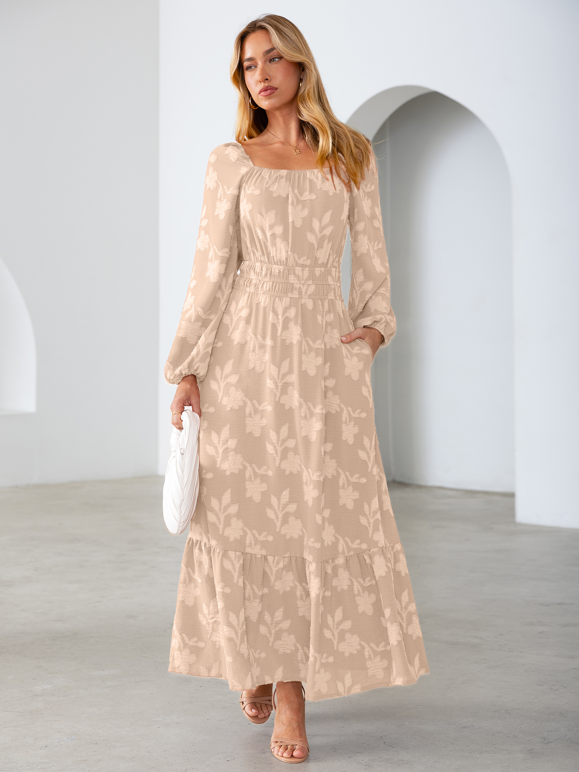 Jacquard Floral Square Neck Wedding Guest Maxi Dress