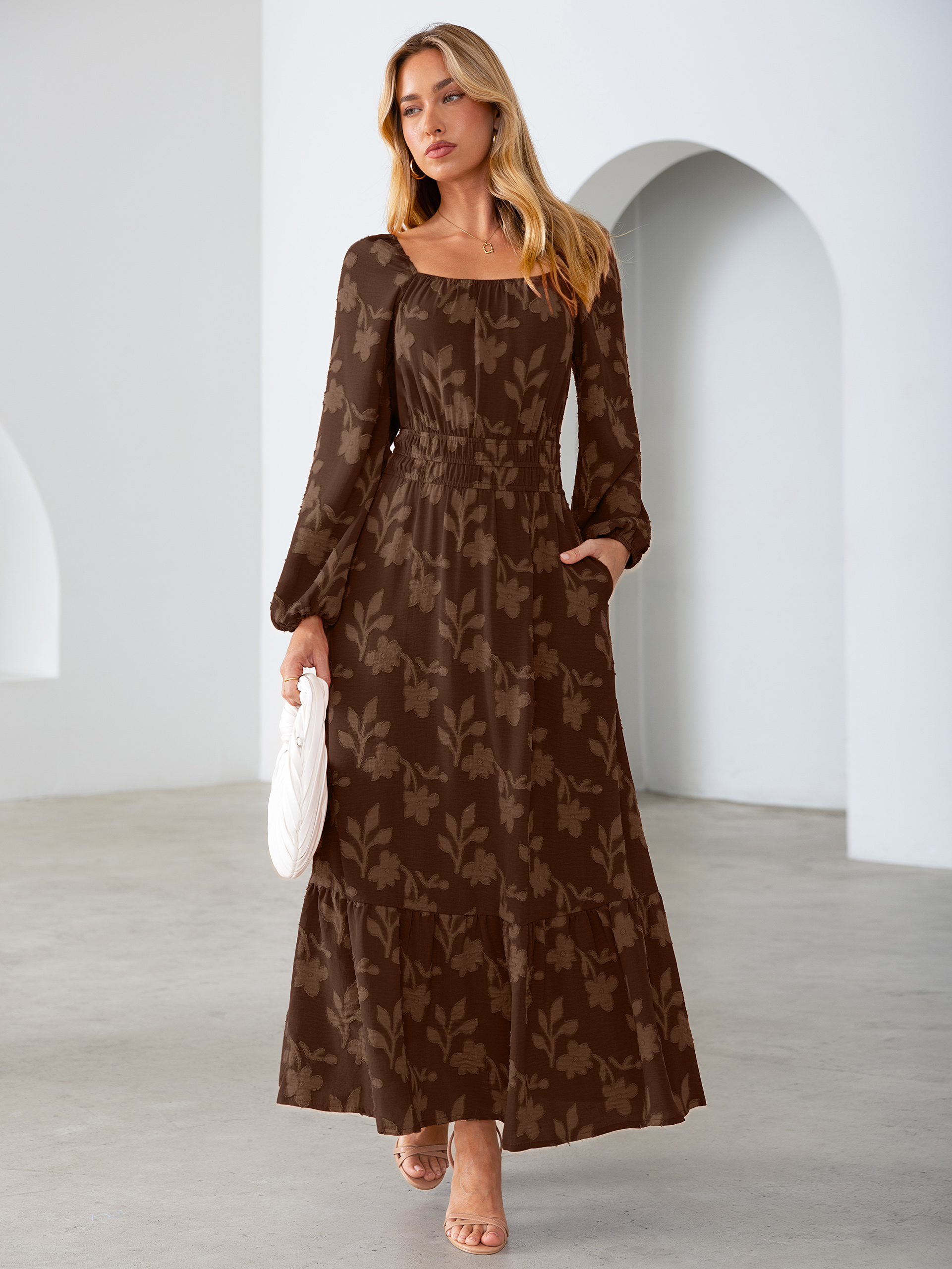Jacquard Floral Square Neck Wedding Guest Maxi Dress