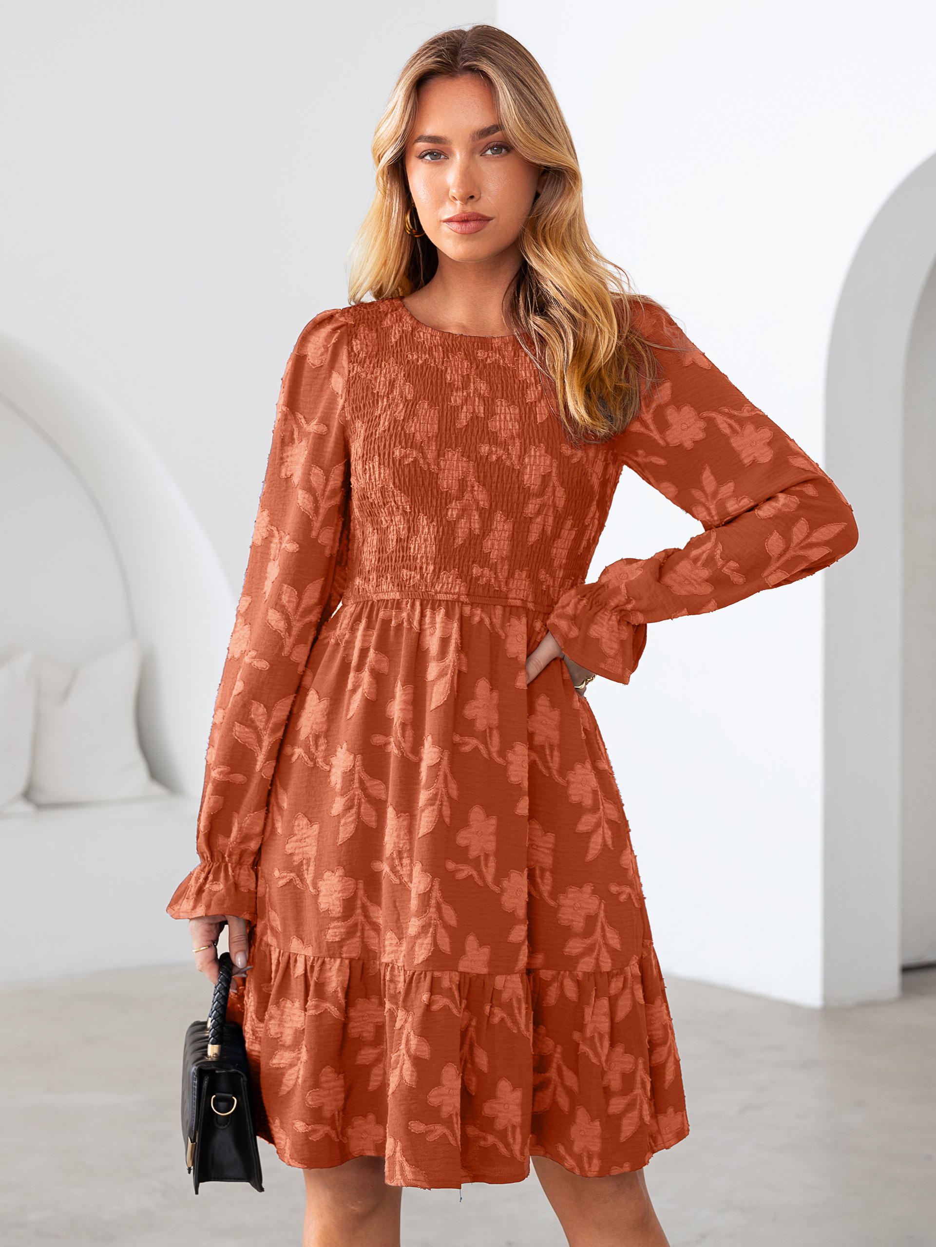 Burnout Leaf Smocked Bodice Long Sleeve Mini Dress