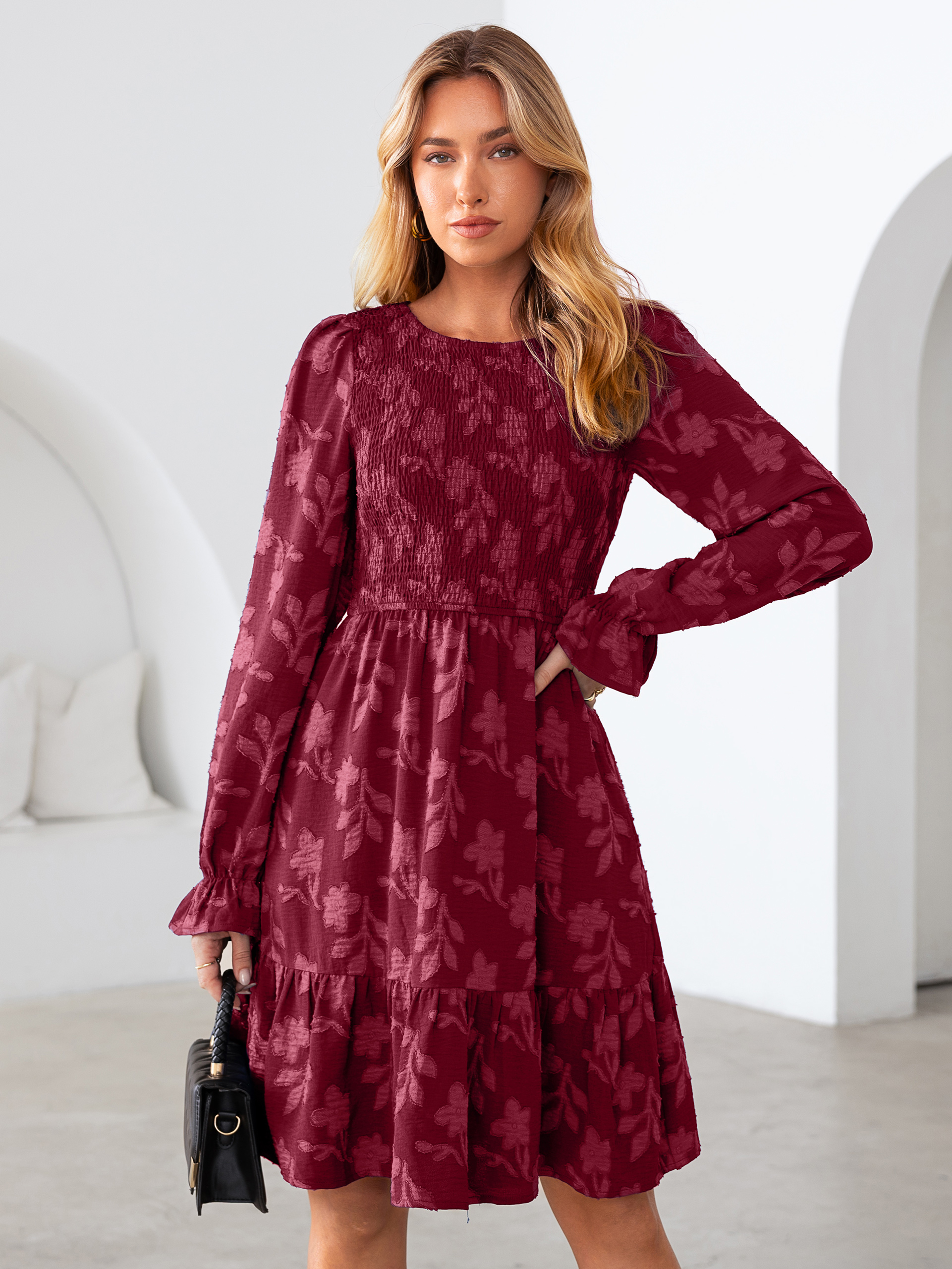Burnout Leaf Smocked Bodice Long Sleeve Mini Dress