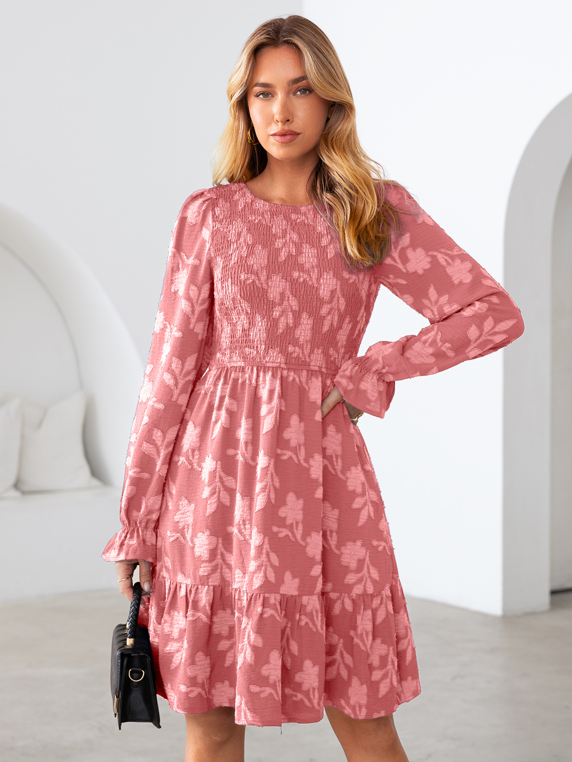 Burnout Leaf Smocked Bodice Long Sleeve Mini Dress