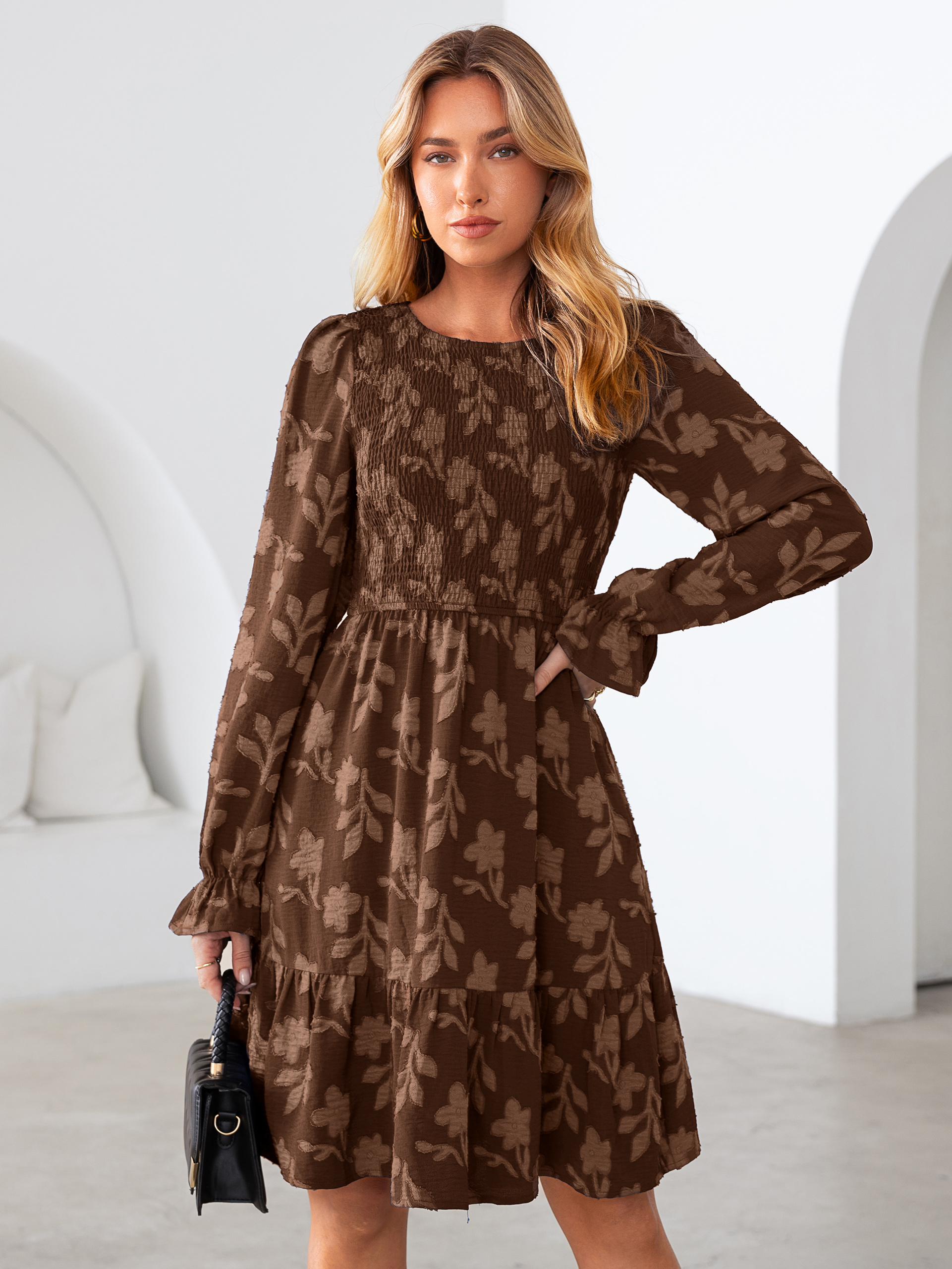 Burnout Leaf Smocked Bodice Long Sleeve Mini Dress