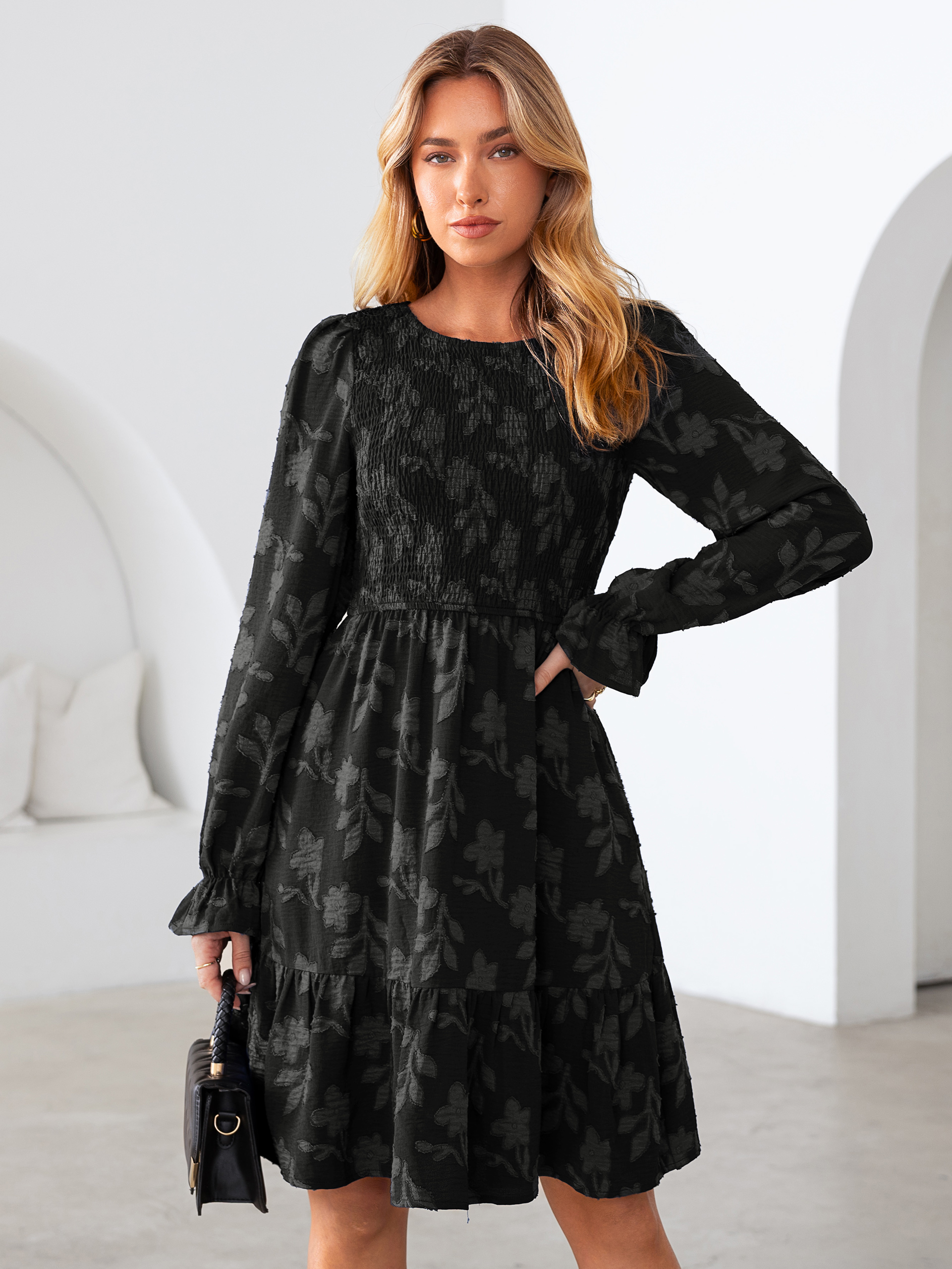 Burnout Leaf Smocked Bodice Long Sleeve Mini Dress