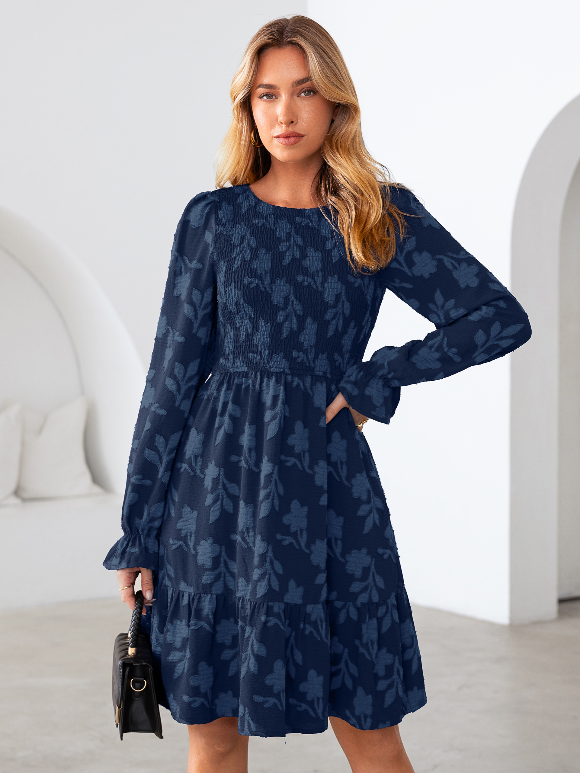 Burnout Leaf Smocked Bodice Long Sleeve Mini Dress