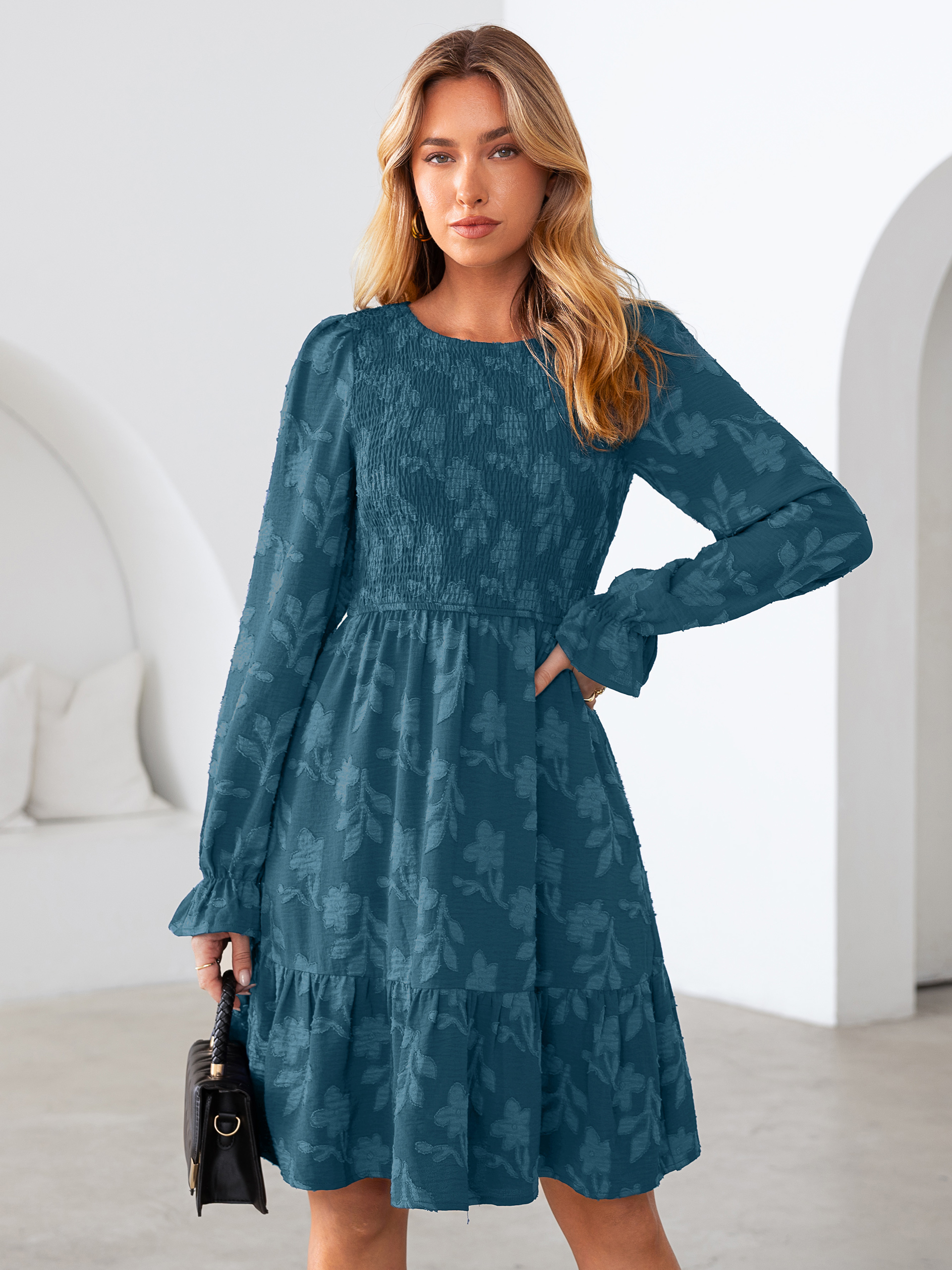 Burnout Leaf Smocked Bodice Long Sleeve Mini Dress