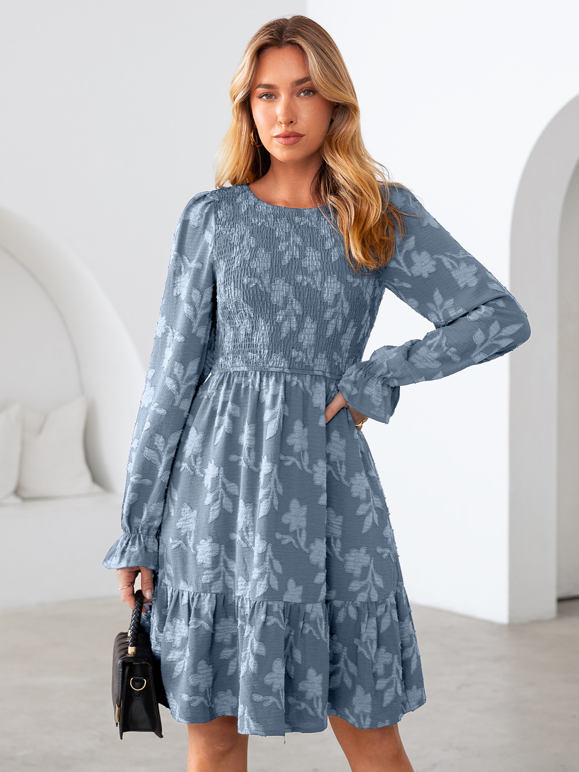 Burnout Leaf Smocked Bodice Long Sleeve Mini Dress