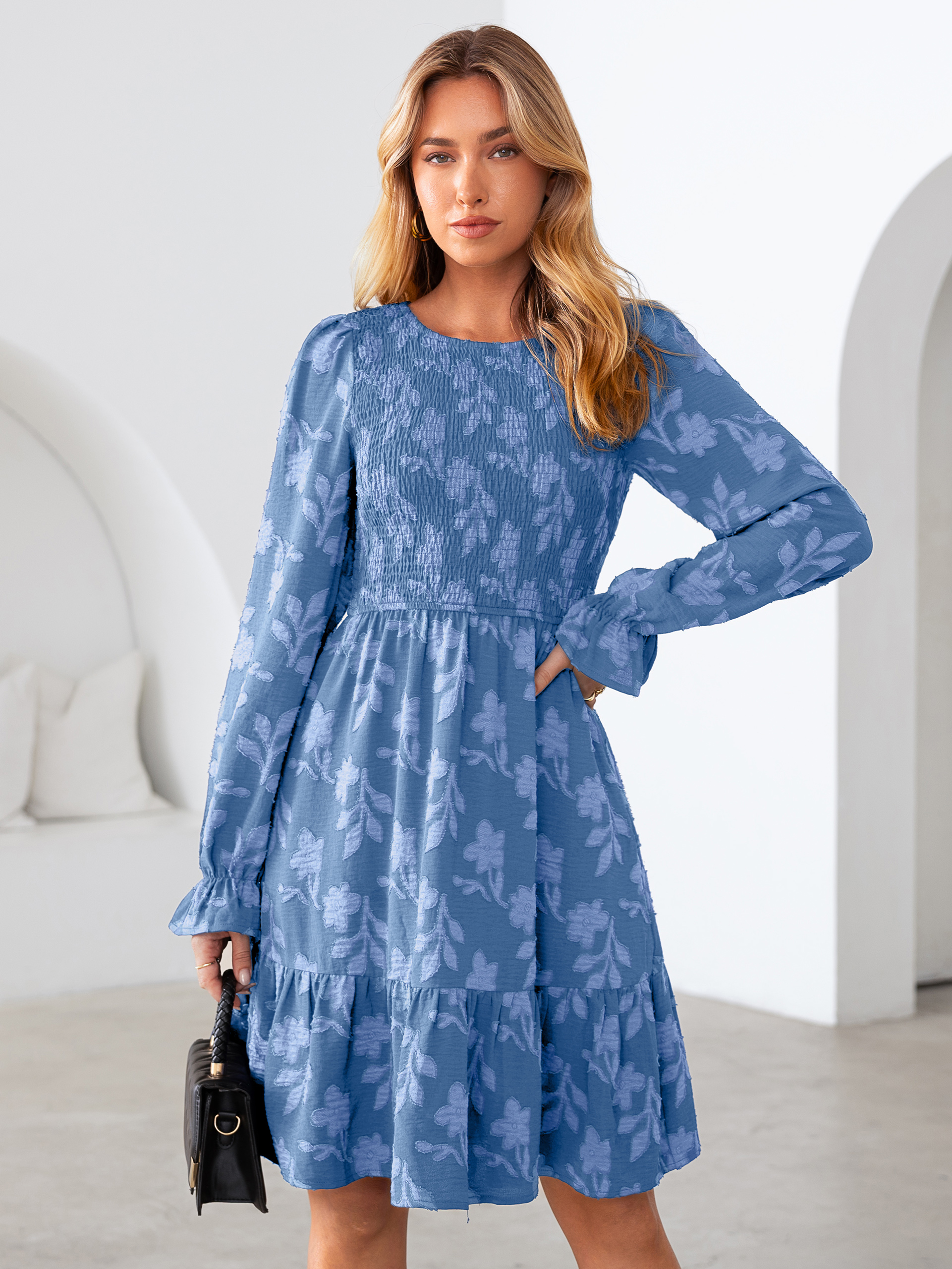 Burnout Leaf Smocked Bodice Long Sleeve Mini Dress