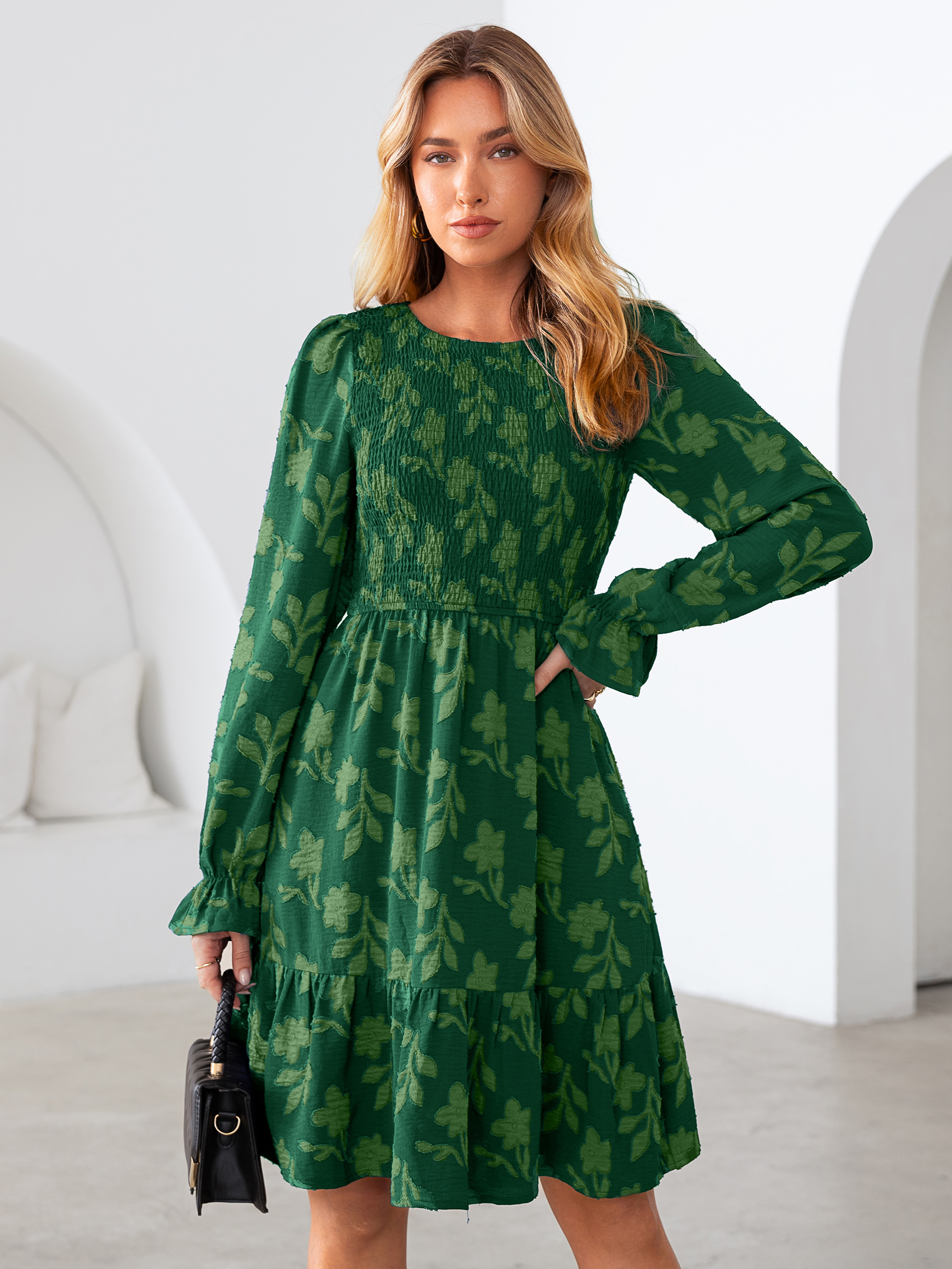 Burnout Leaf Smocked Bodice Long Sleeve Mini Dress