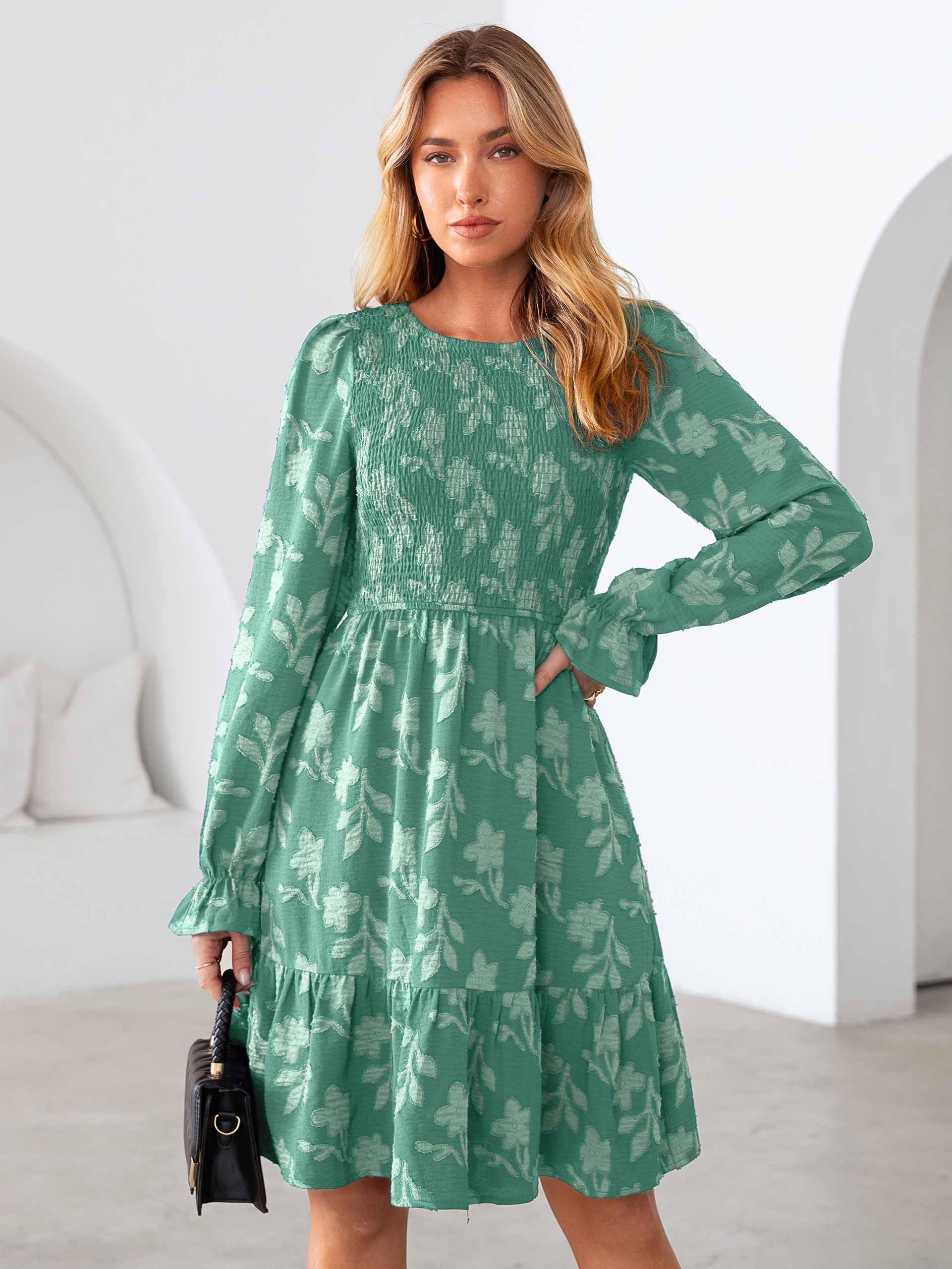 Burnout Leaf Smocked Bodice Long Sleeve Mini Dress