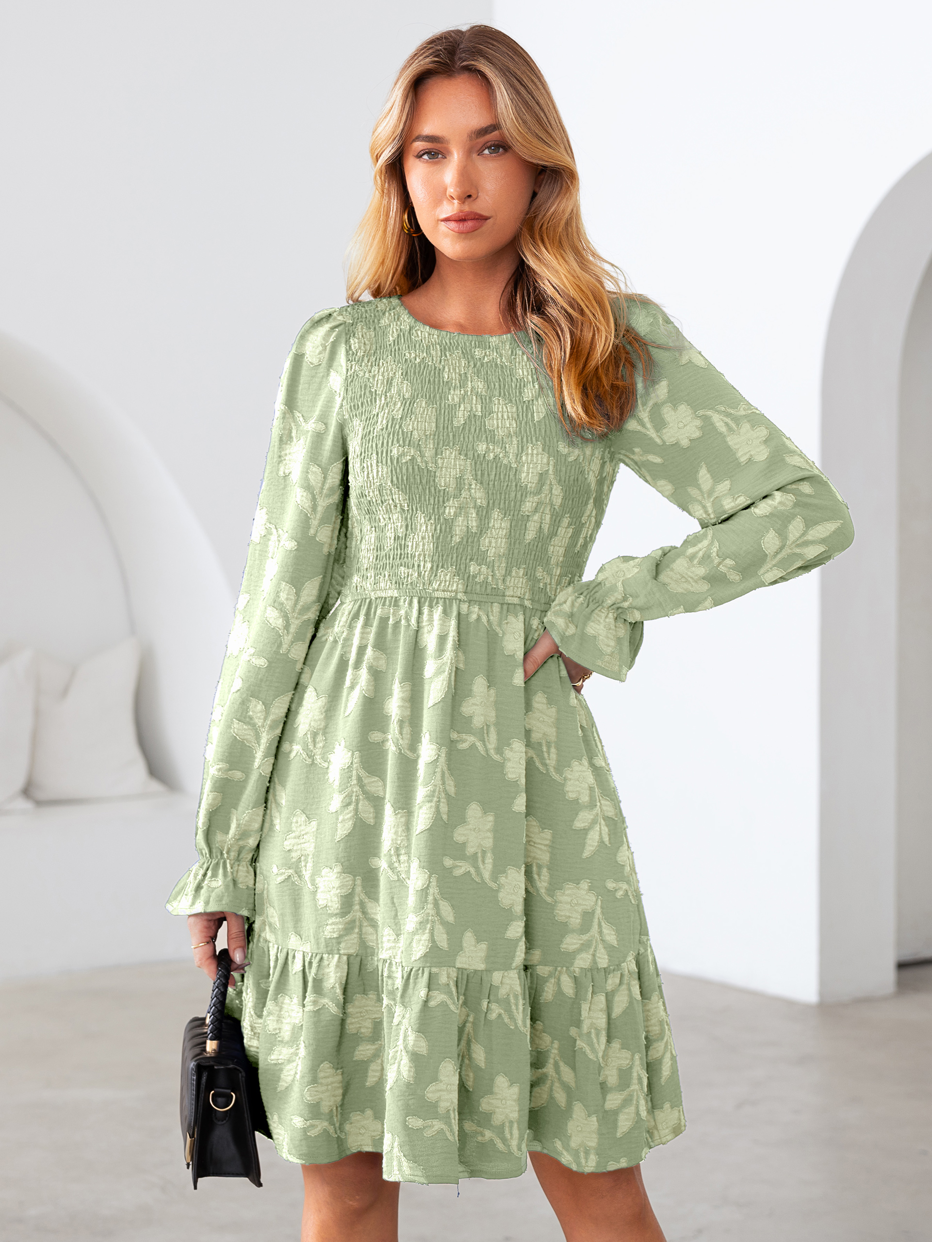 Burnout Leaf Smocked Bodice Long Sleeve Mini Dress
