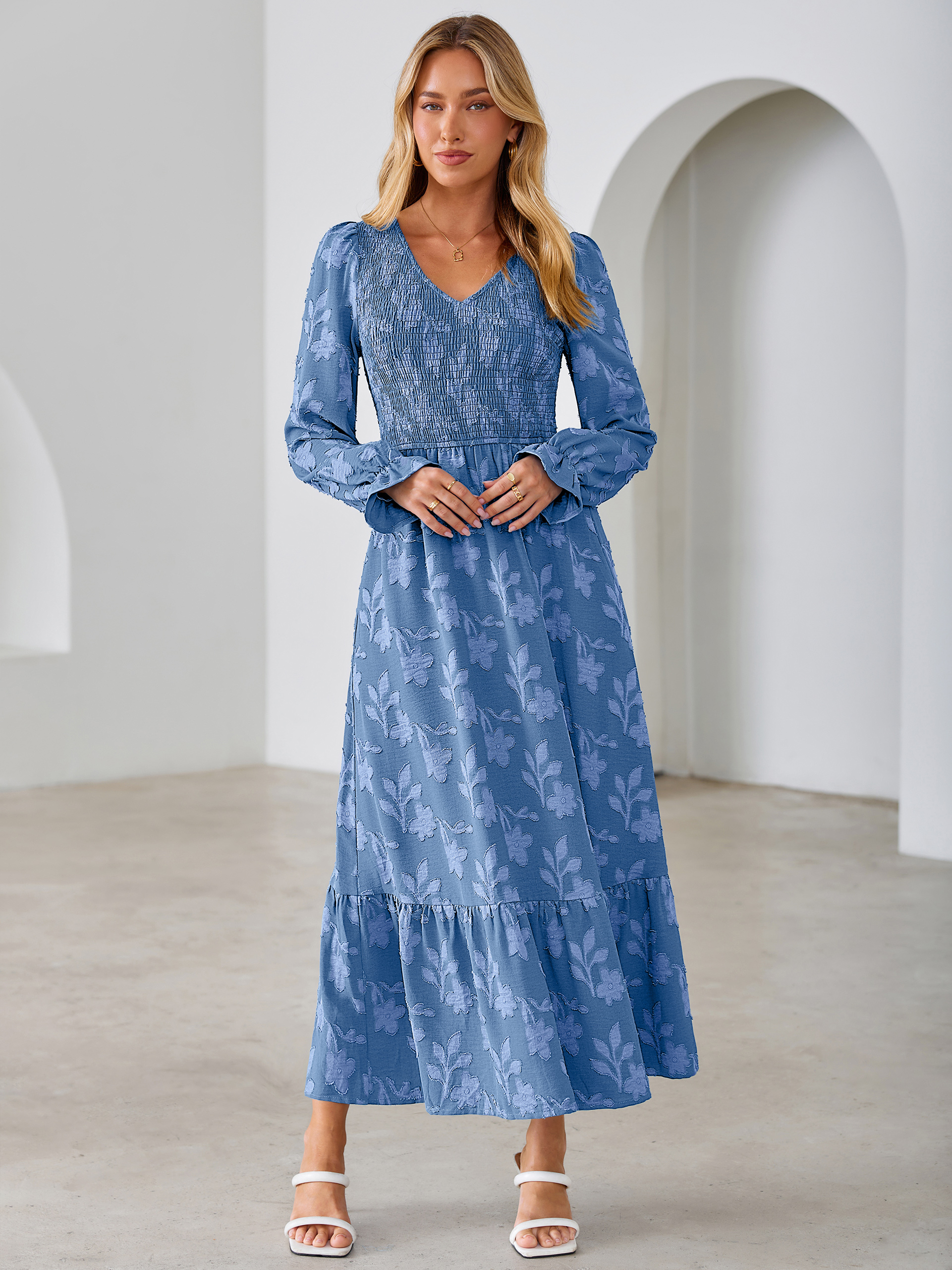 Floral Burnout Smocked V Neck Maxi Dress