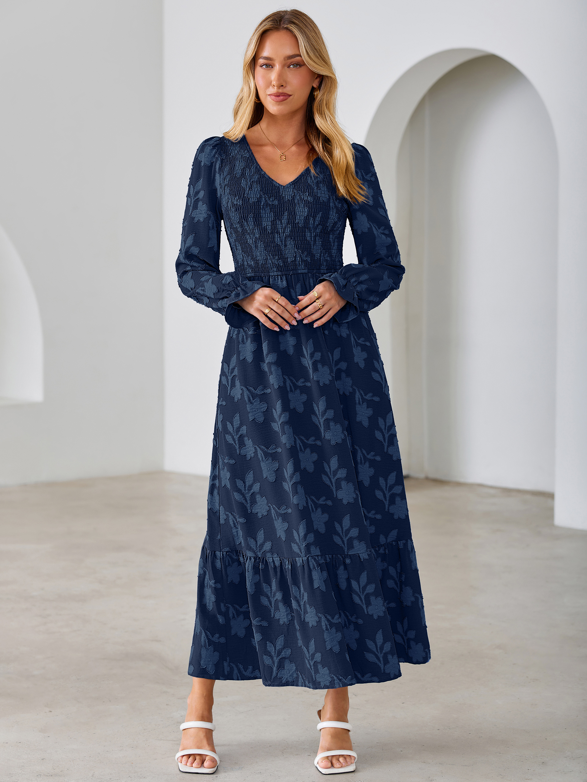Floral Burnout Smocked V Neck Maxi Dress