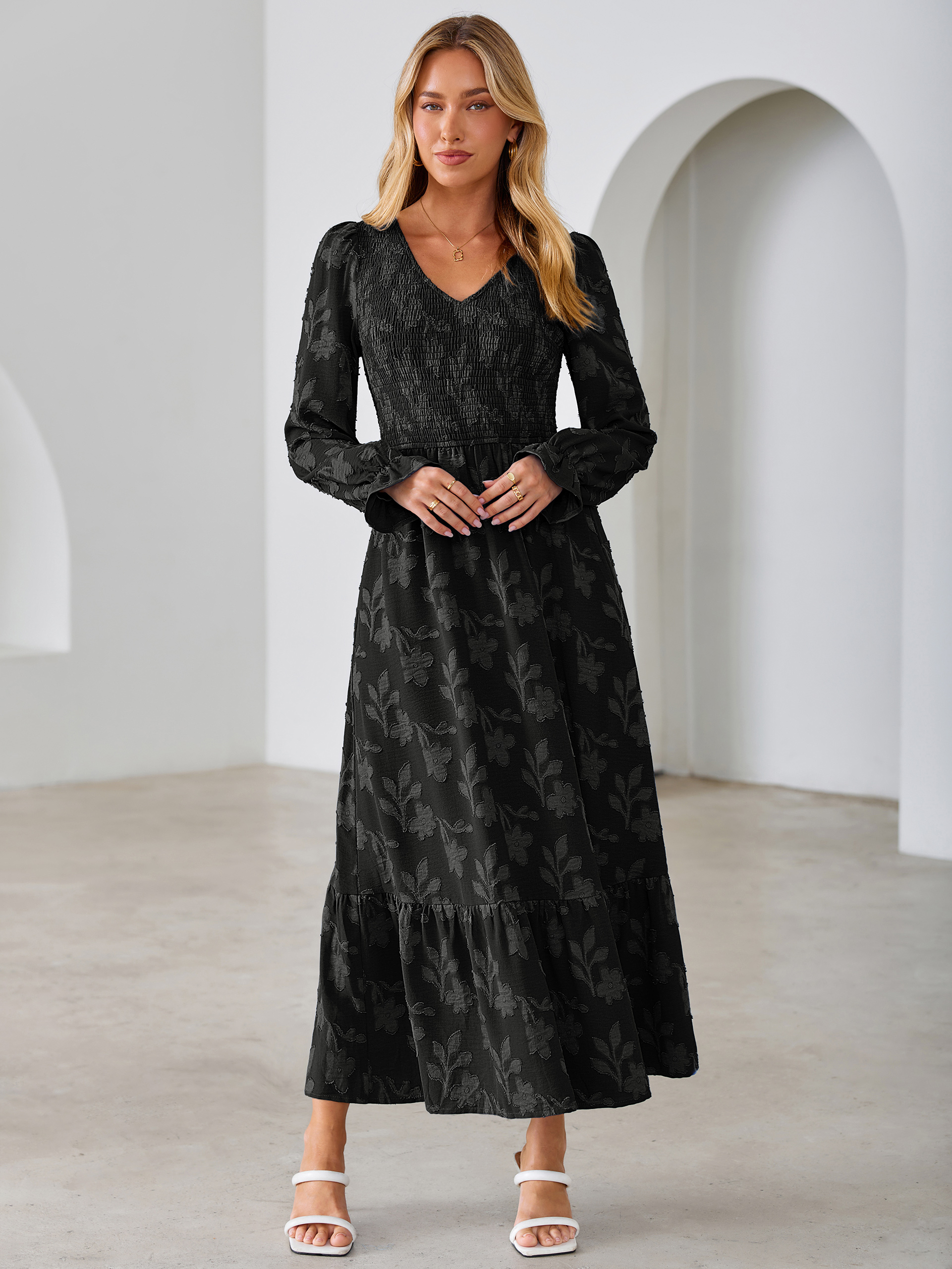 Floral Burnout Smocked V Neck Maxi Dress