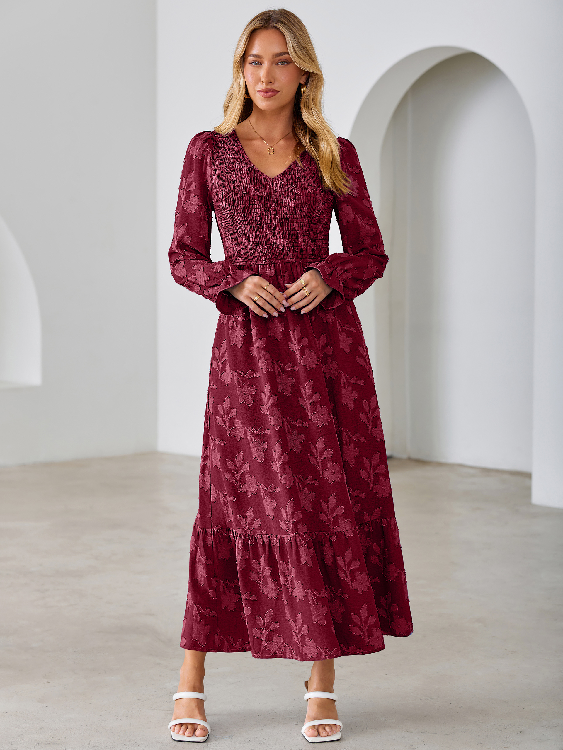 Floral Burnout Smocked V Neck Maxi Dress
